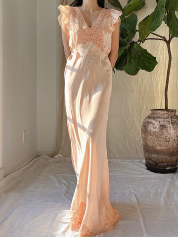 1930s Silk Flutter Sleeve Slip Gown - S/M