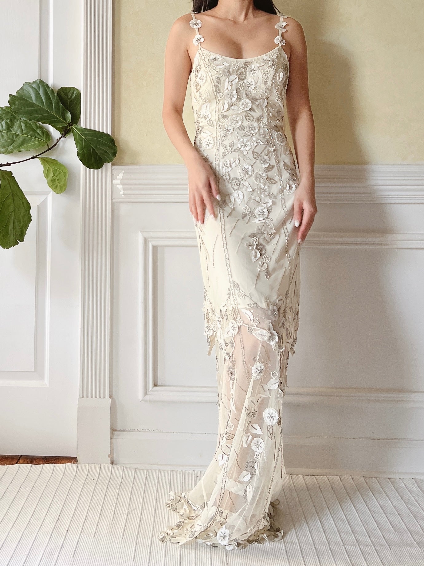 1980s Tulle Beaded Silk Flower Applique Dress - S