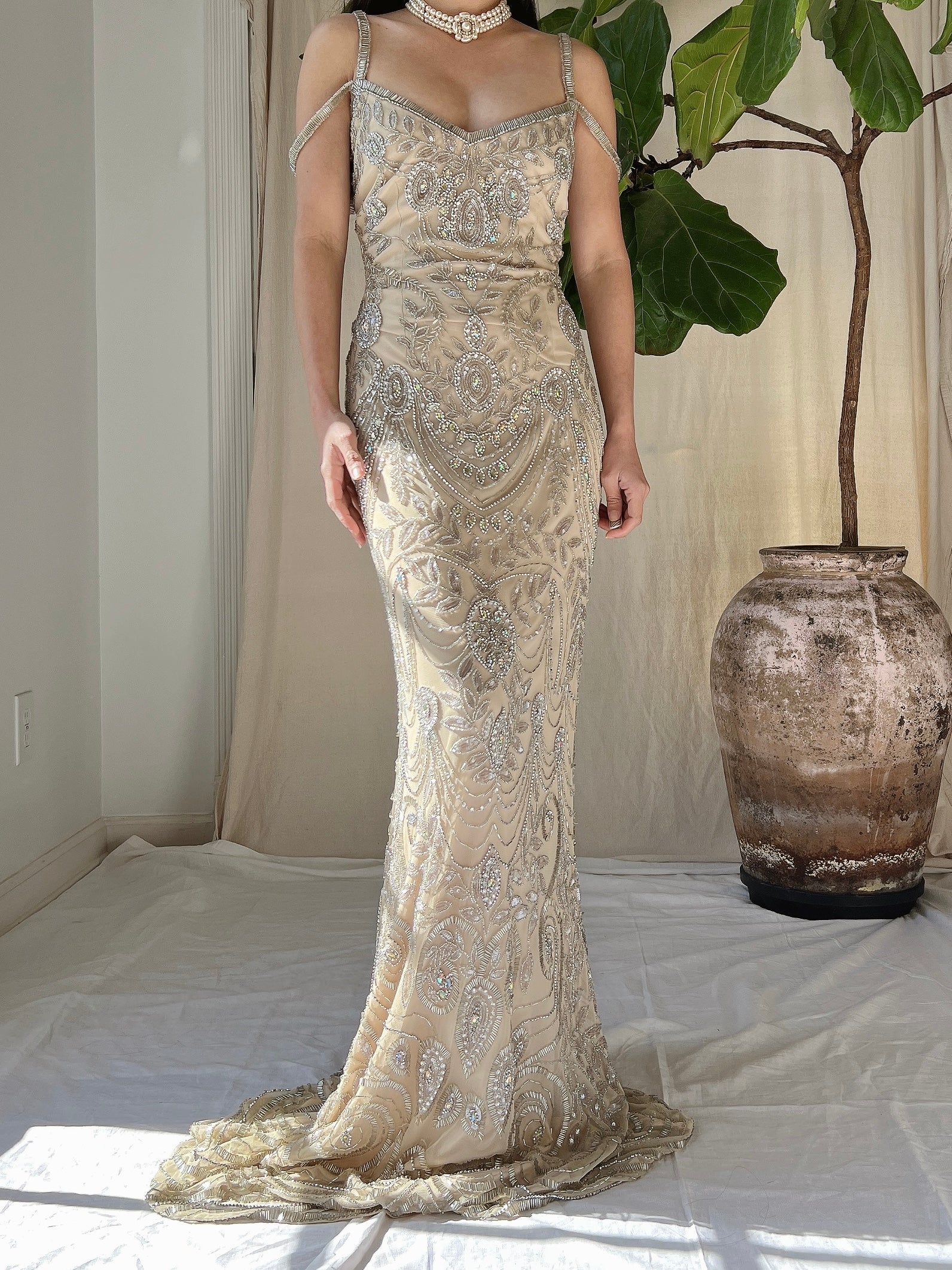 Beige Beaded Tulle Dress - S | G O S S A M E R Beige Beaded Tulle Dress - S | G O S S A M E R