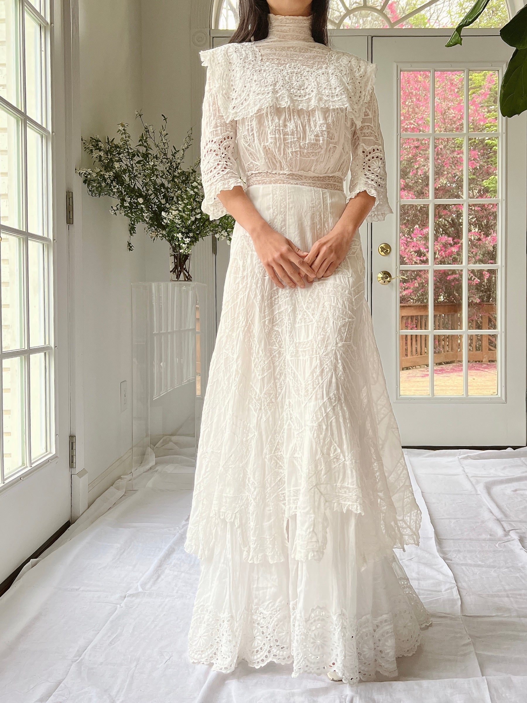 Antique High Neck Cotton and Lace Gown - XS