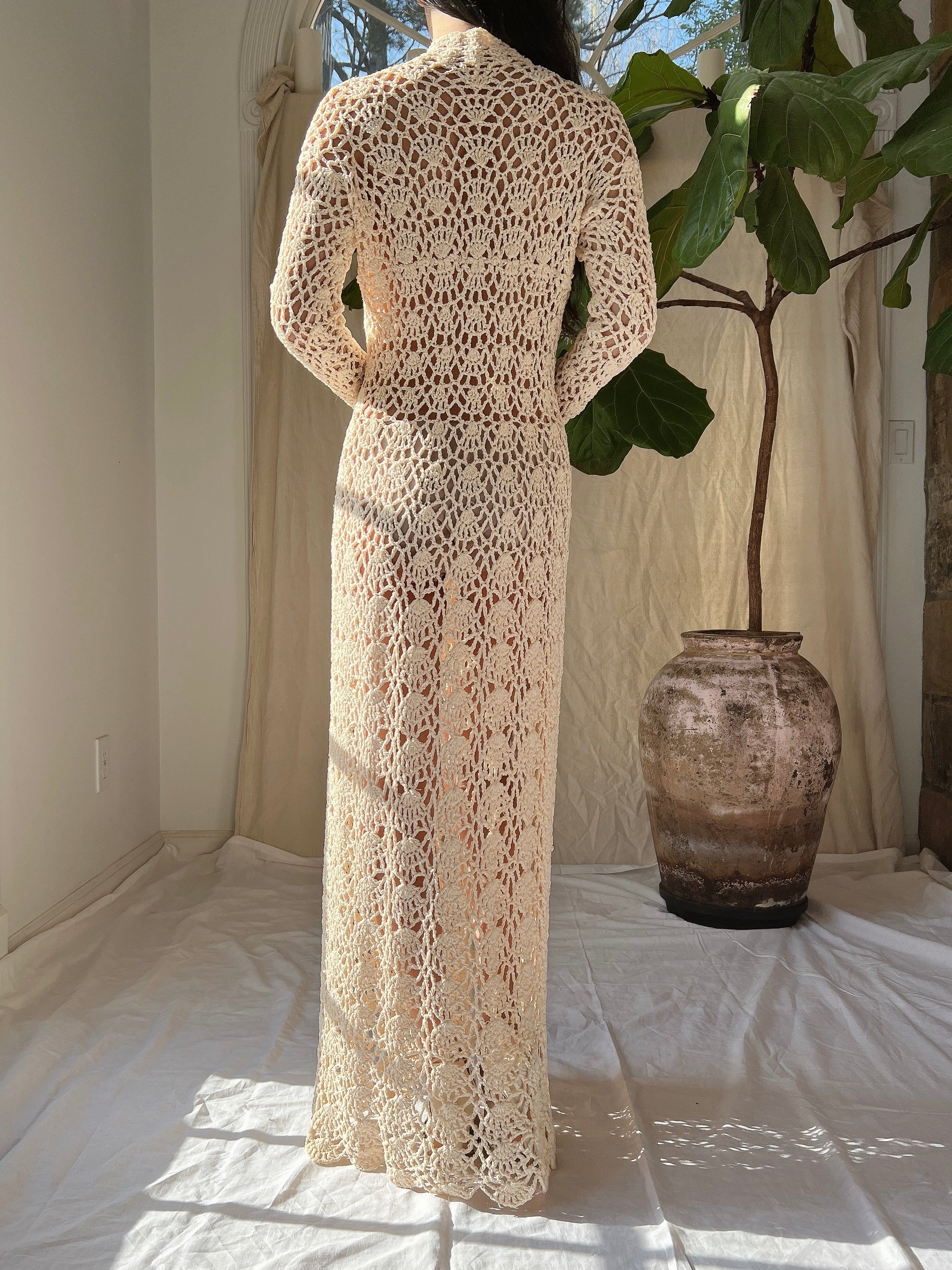1970s Long Sleeves Crochet Dress - S-M