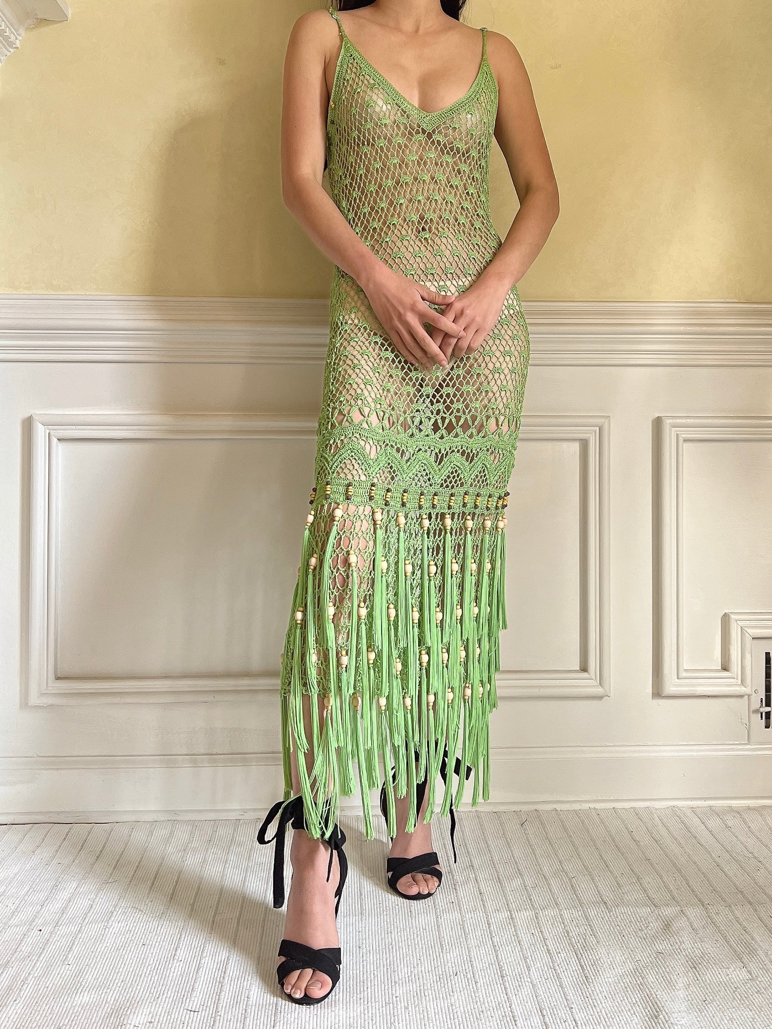 Vintage Light Green Fringe Crochet Dress - S-M