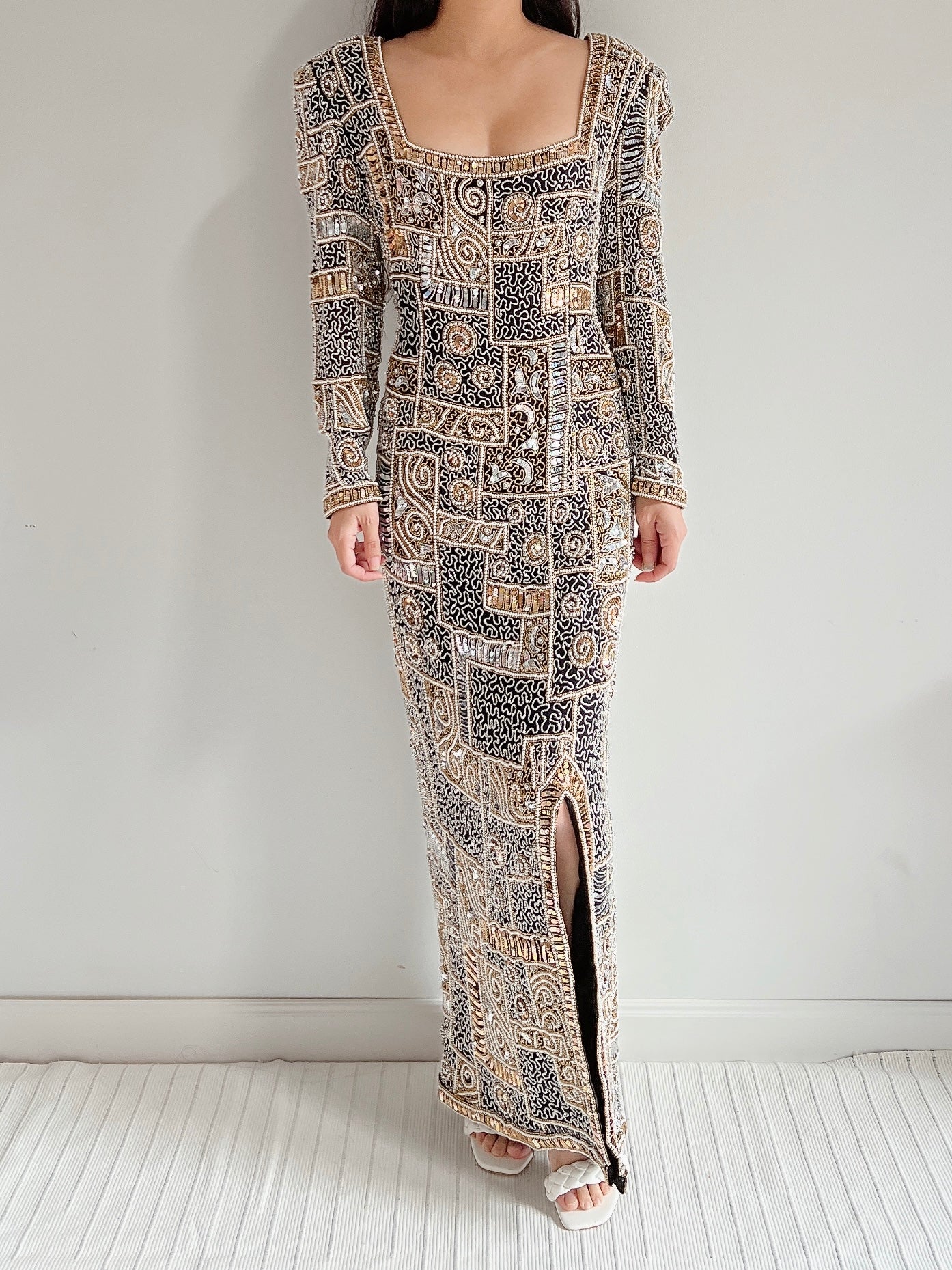 1980s Silk Chiffon Heavily Beaded Gown - M