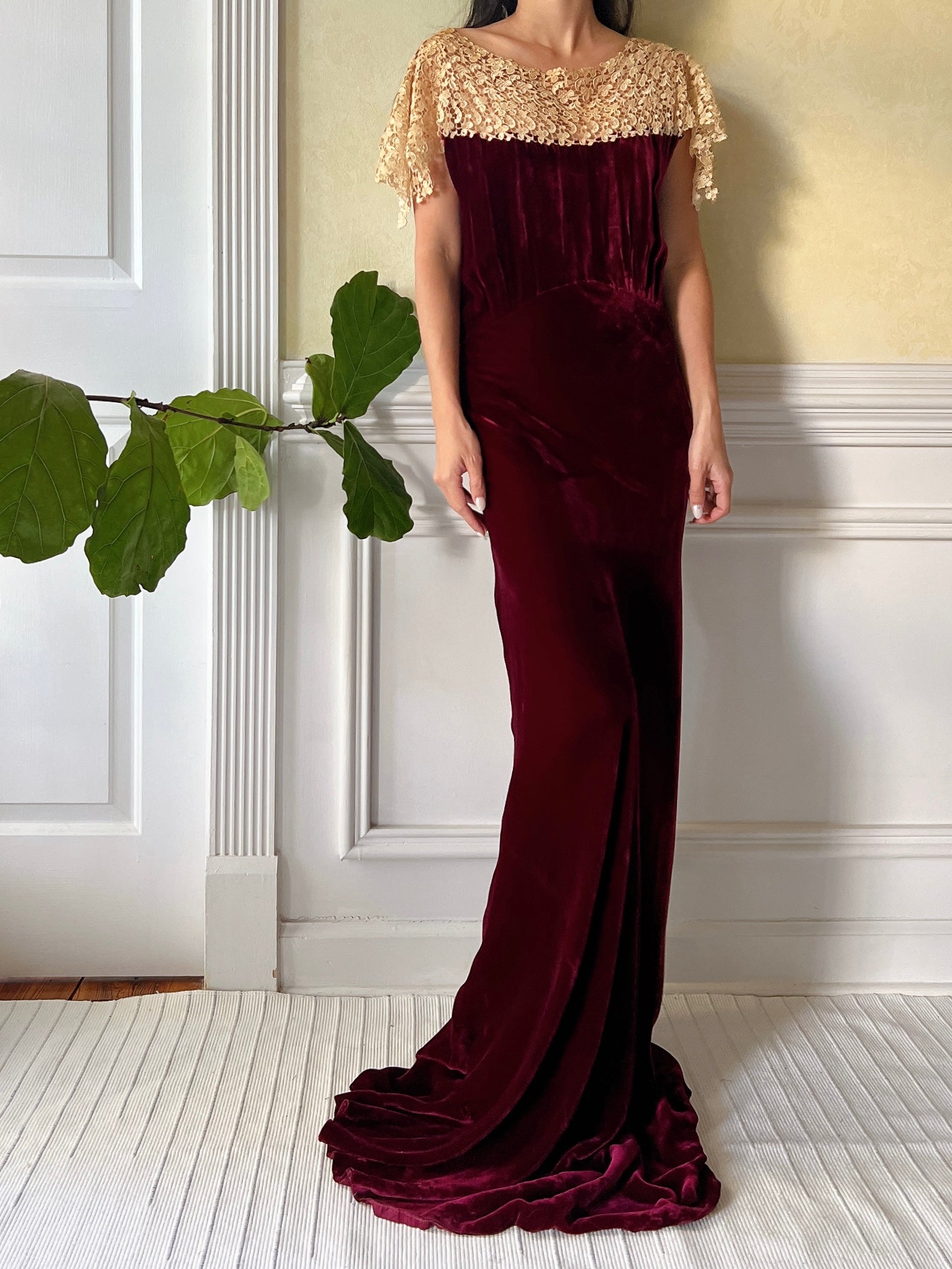 1930s Ruby Silk Velvet Gown S/M