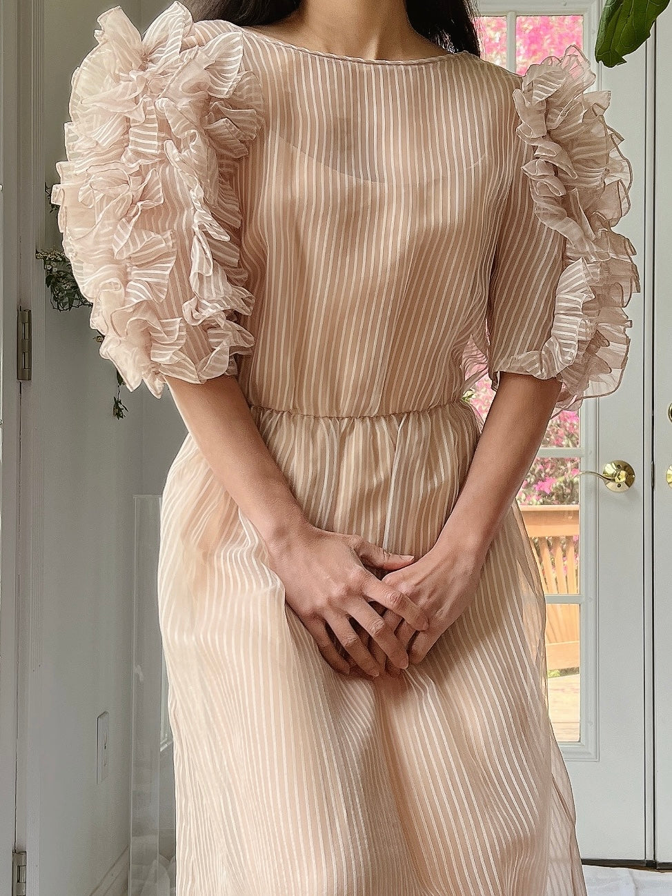 nude organza dress 1960s Nude Organza Ruffled Dress - S