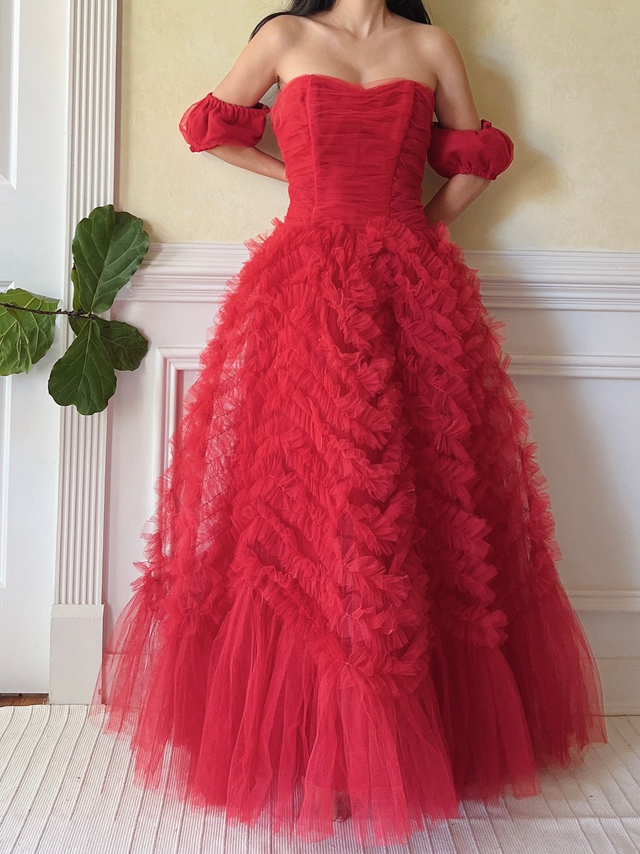 1950s Red Rulle Tulle Dress - S