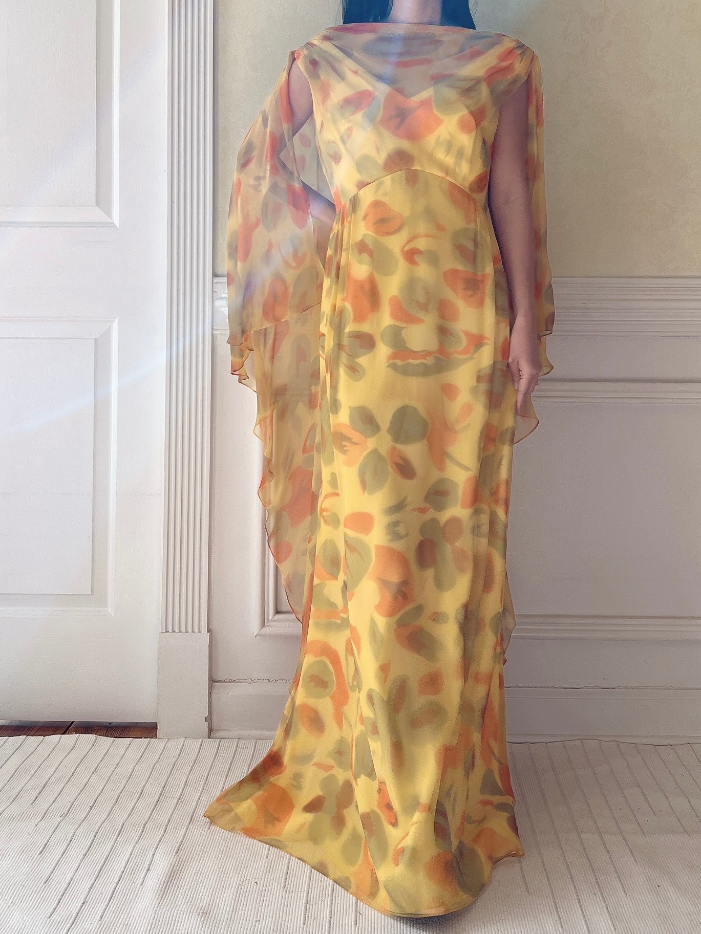 1960s Silk Chiffon Cape Gown - M