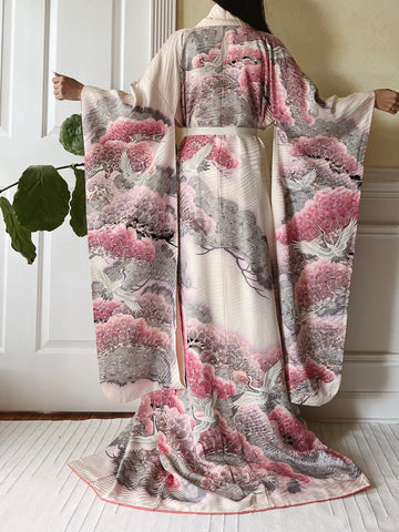 Rare Vintage Silk Pine and Cranes Kimono - OSFM