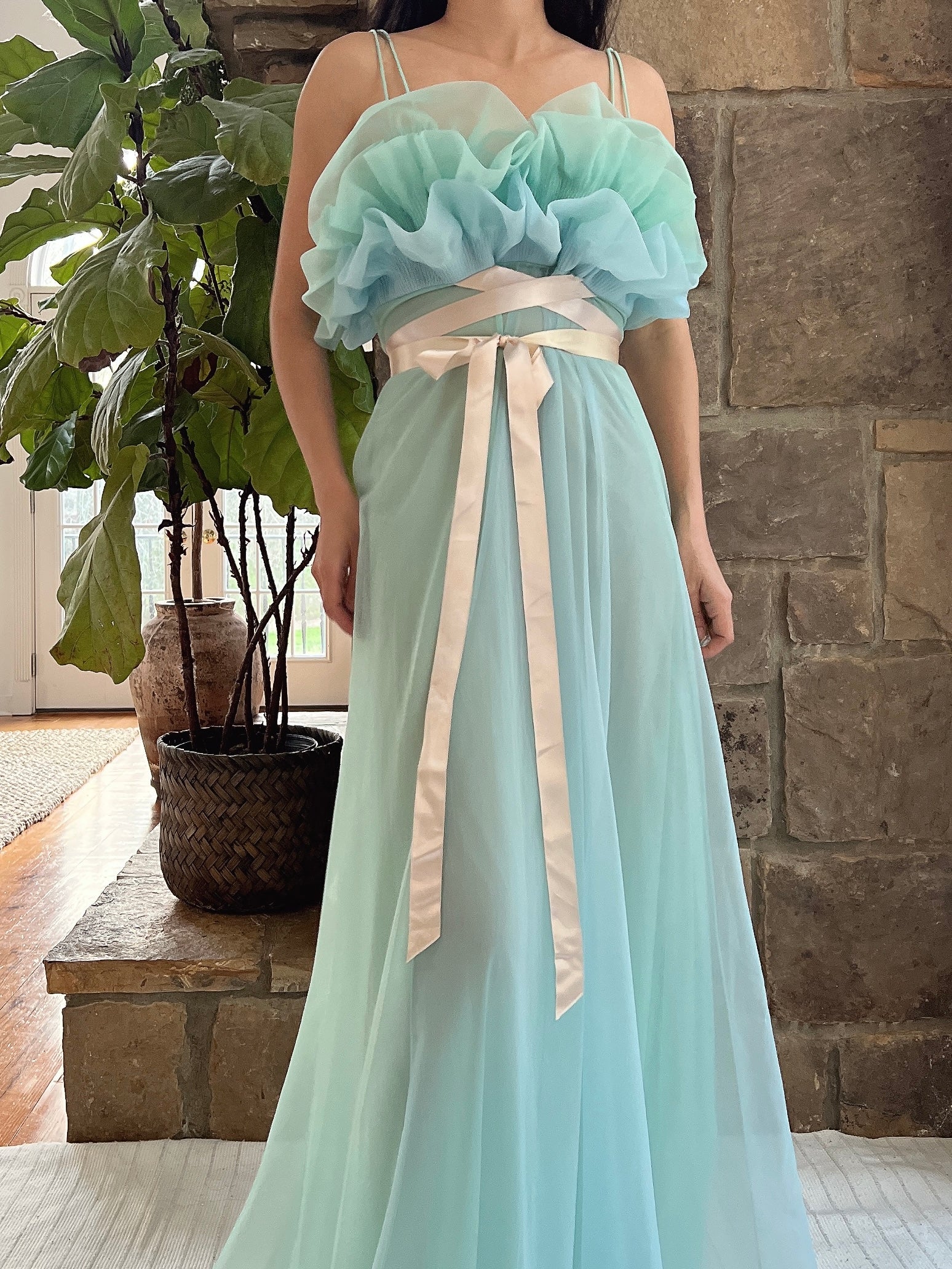 1960s Teal Sheer Tricot Chiffon Tulip Bust Gown - S/M