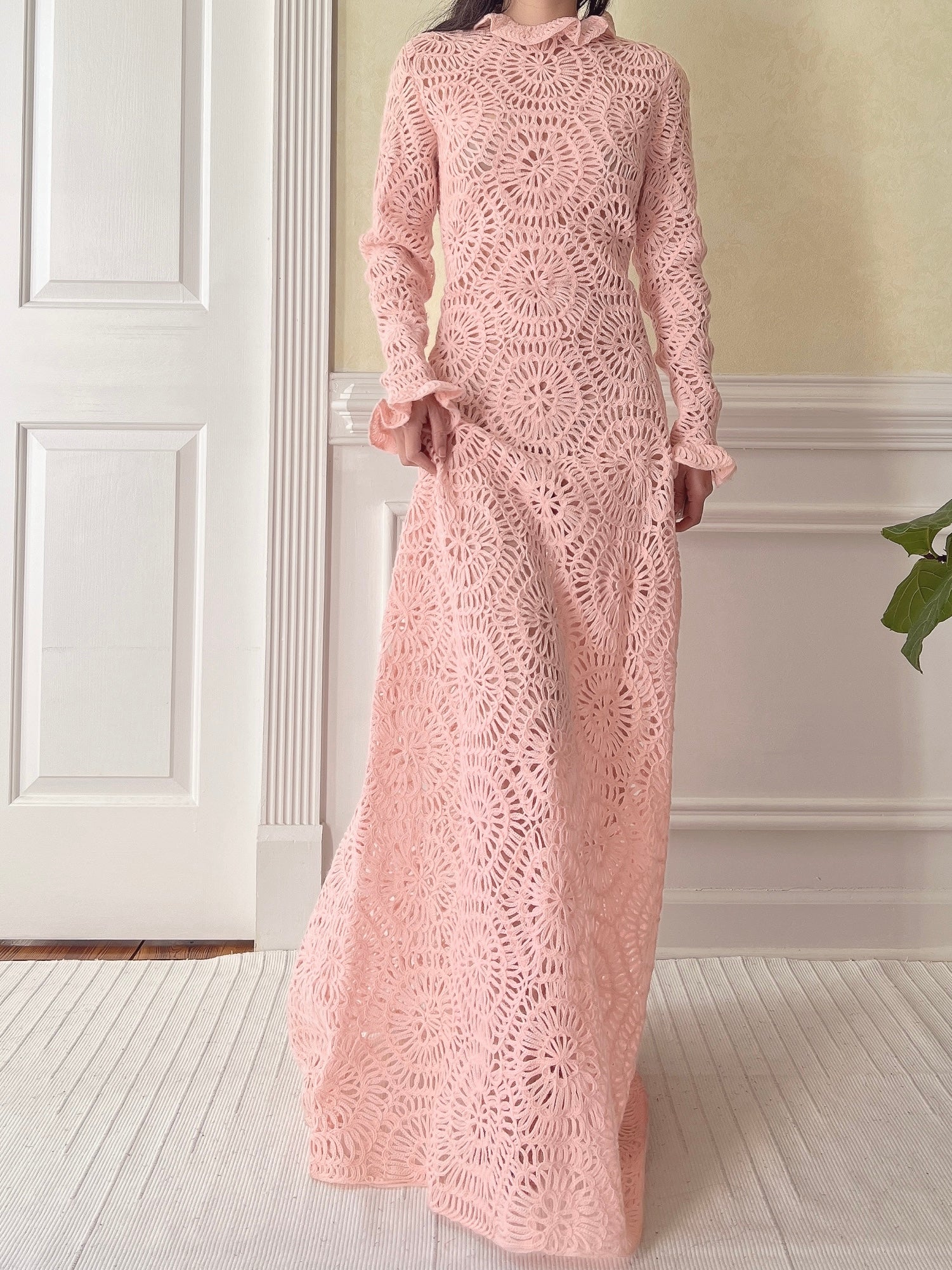Vintage Pink Crochet Gown - M
