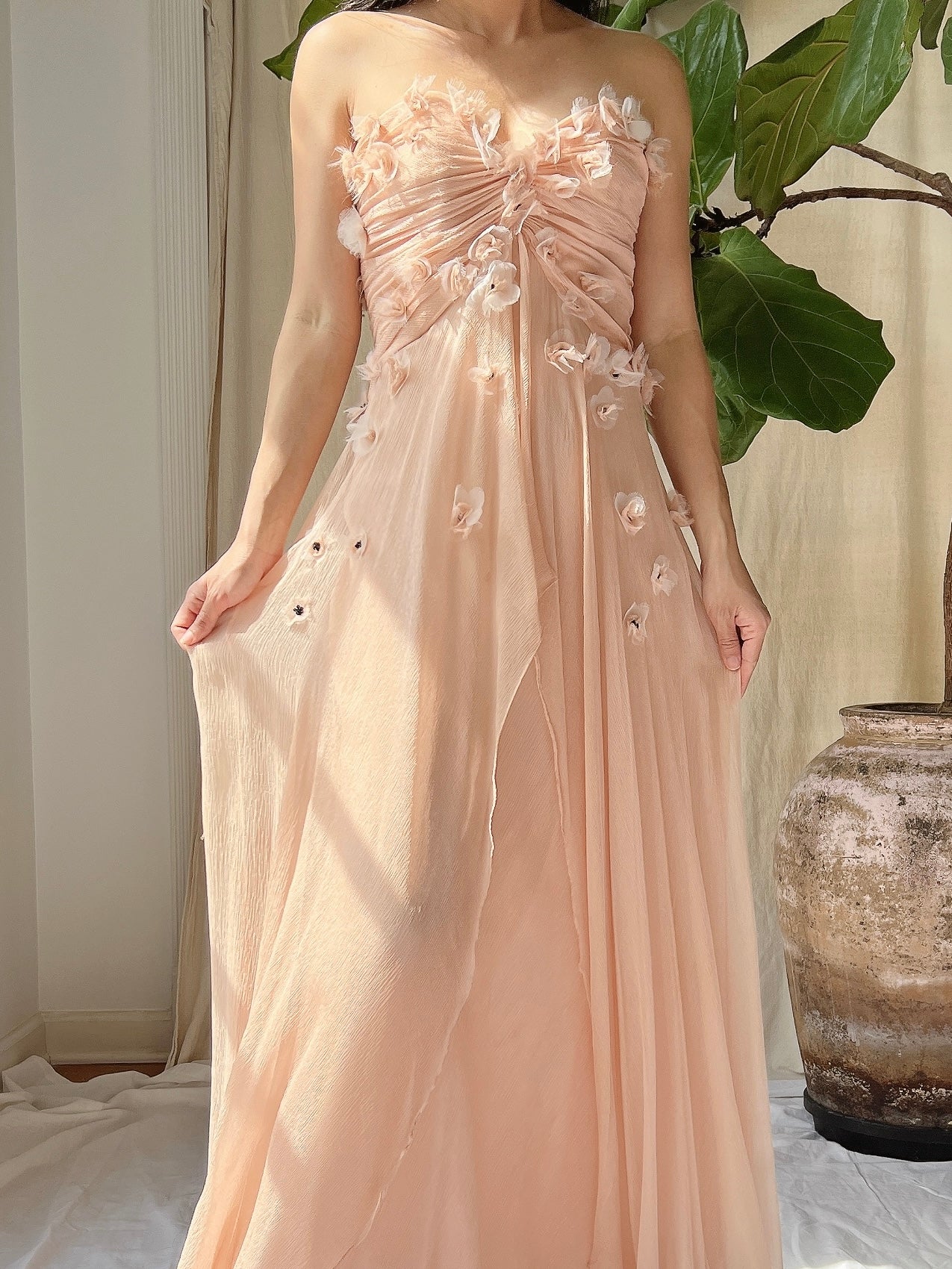 Vintage Peach Silk Floral Dress - S