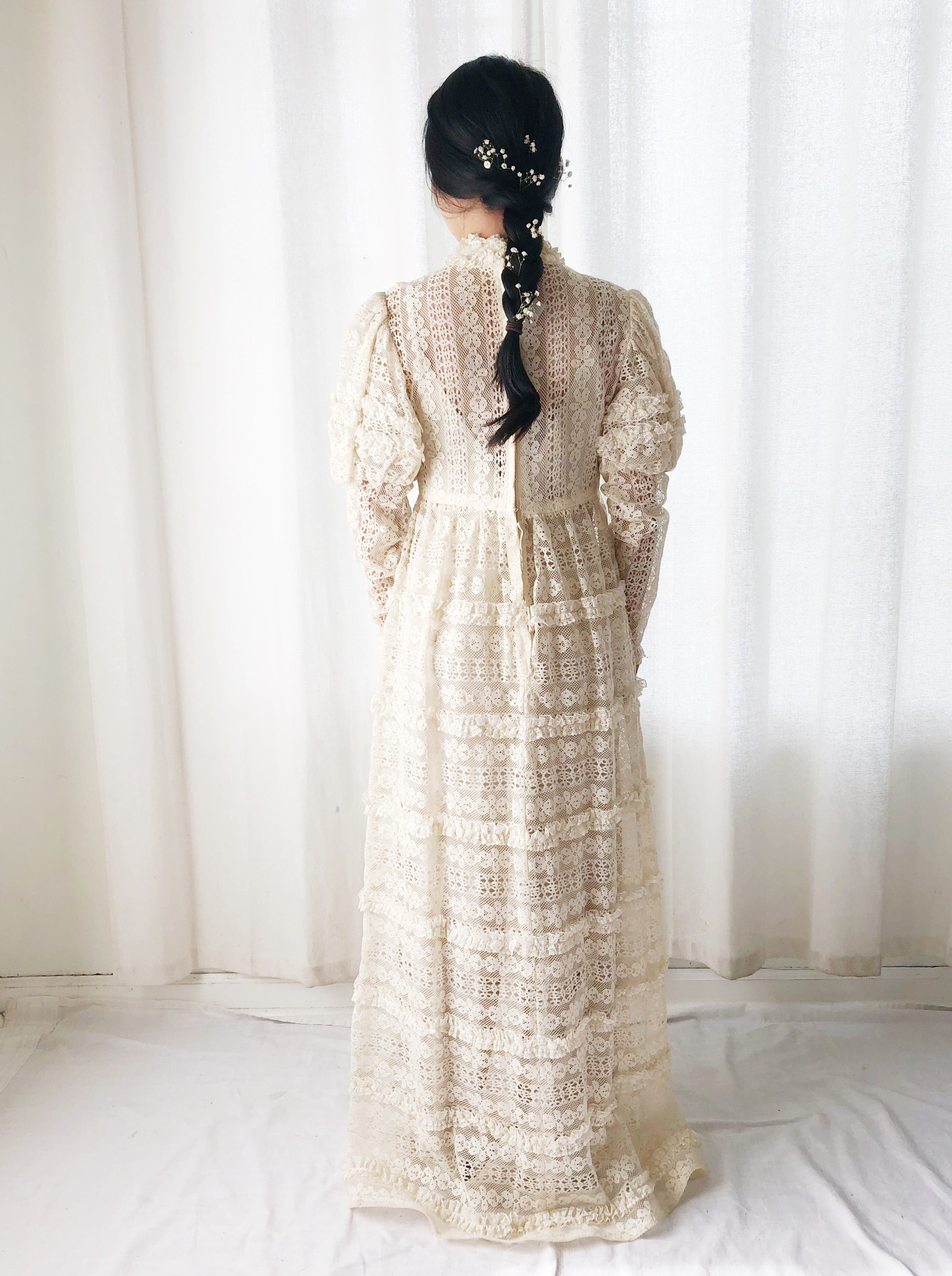 1970s Bohemian Puff Sleeves Lace Dress - S