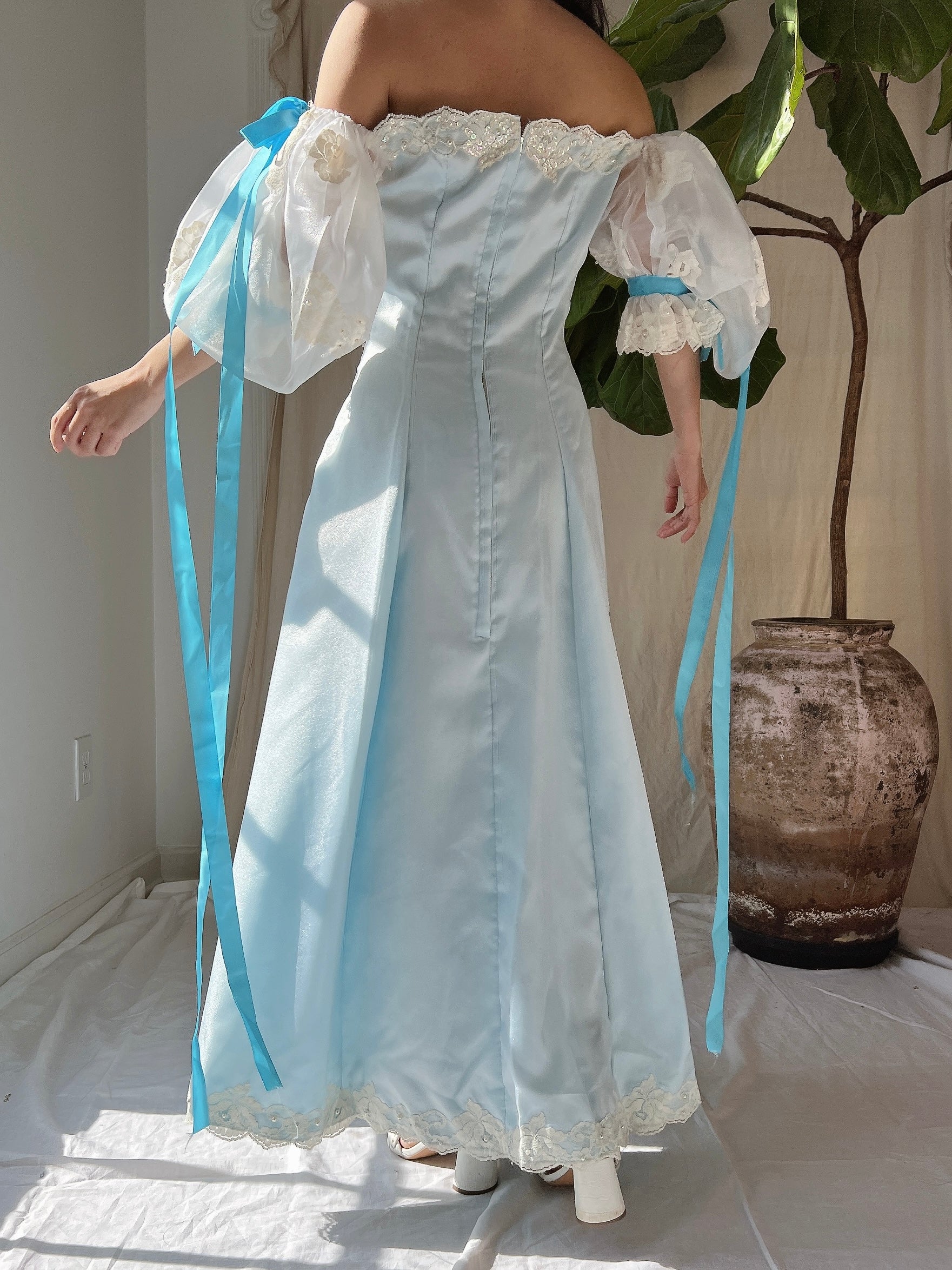1980s Puff Sleeve Cyan Dress - XS | G O S S A M E R 1980s Puff Sleeve Cyan Dress - XS | G O S S A M E R