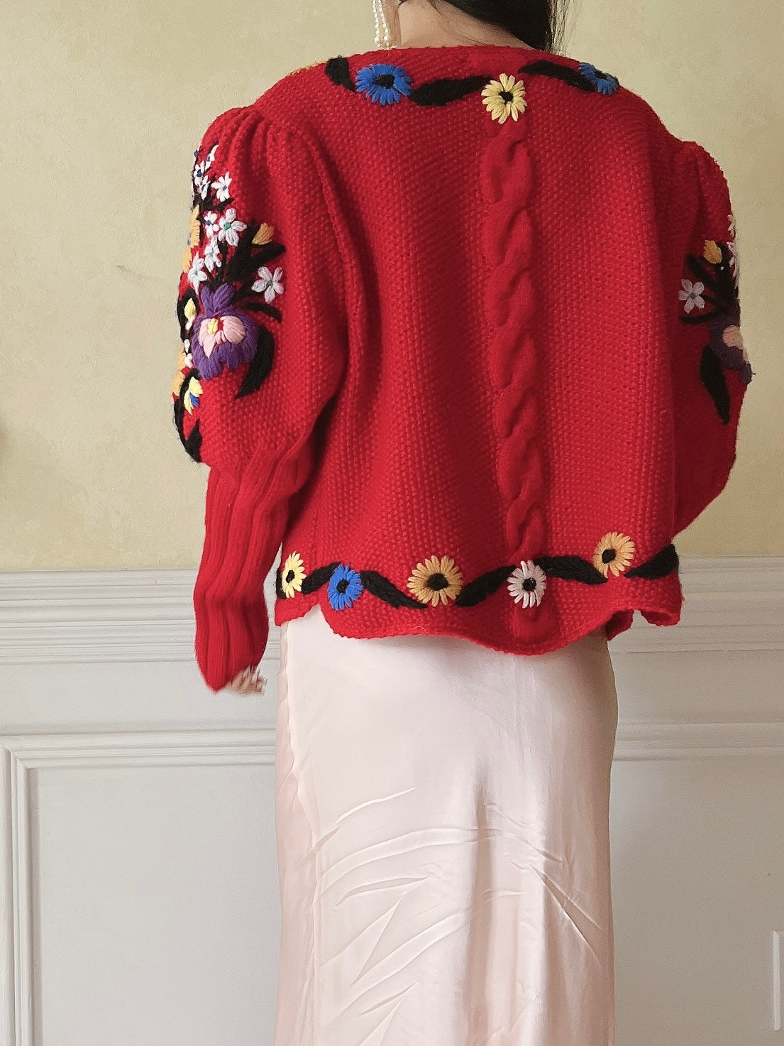 Vintage Puff Sleeves Embroidered Hand Knit Cardigan - S/M