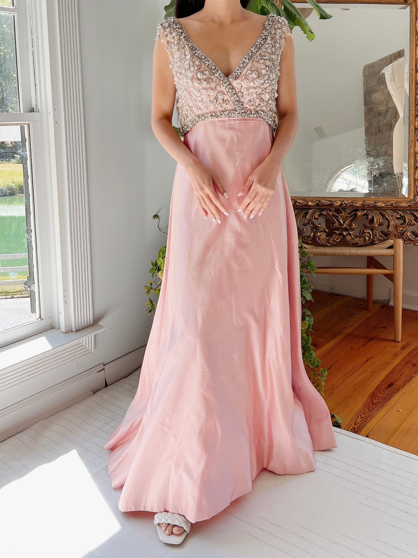 1960s Pink Silk Beaded Gown - S/M 1960s Pink Silk Beaded Gown - S/M