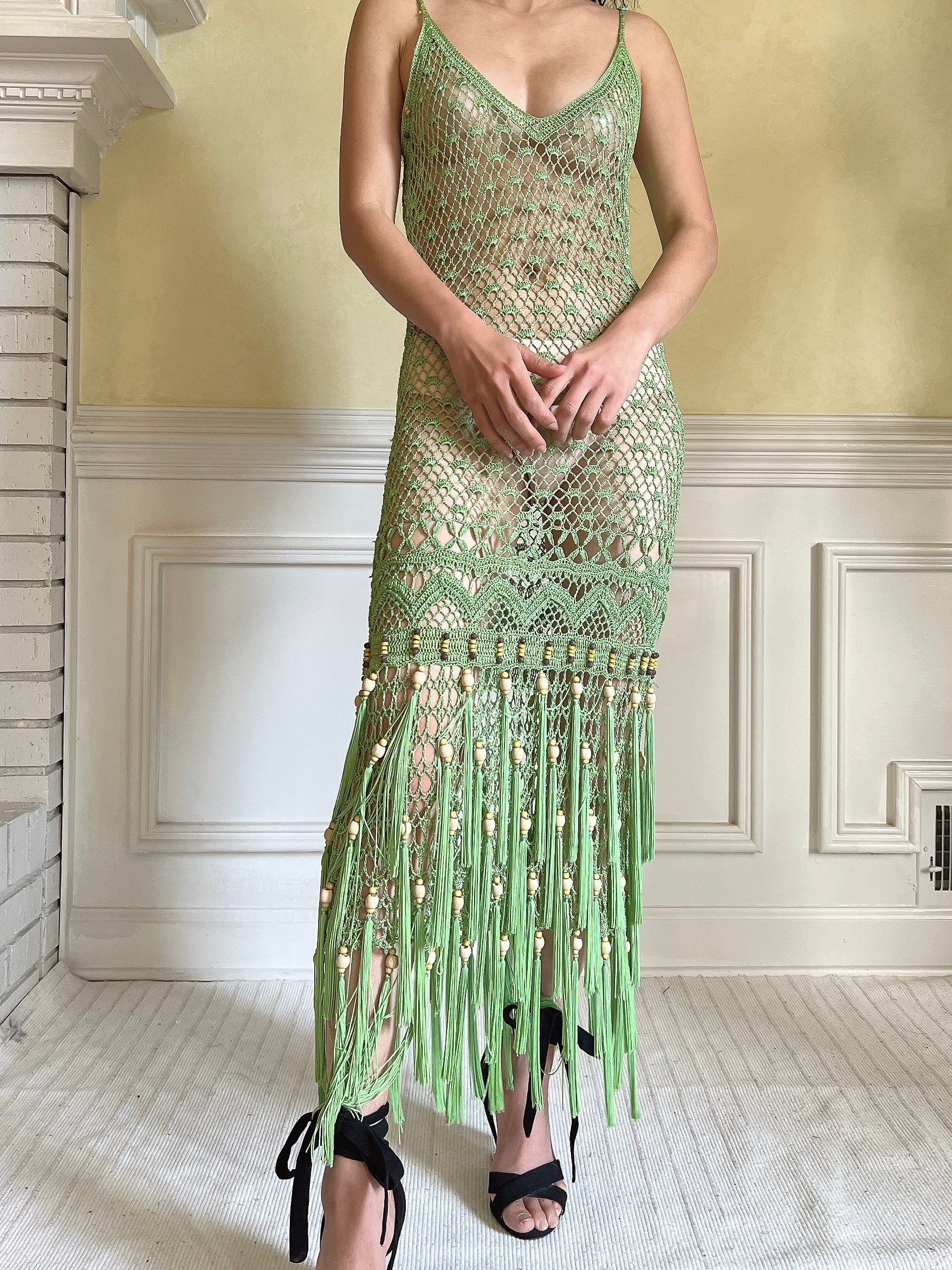 Vintage Light Green Fringe Crochet Dress - S-M | G O S S A M E R Vintage Light Green Fringe Crochet Dress - S-M | G O S S A M E R