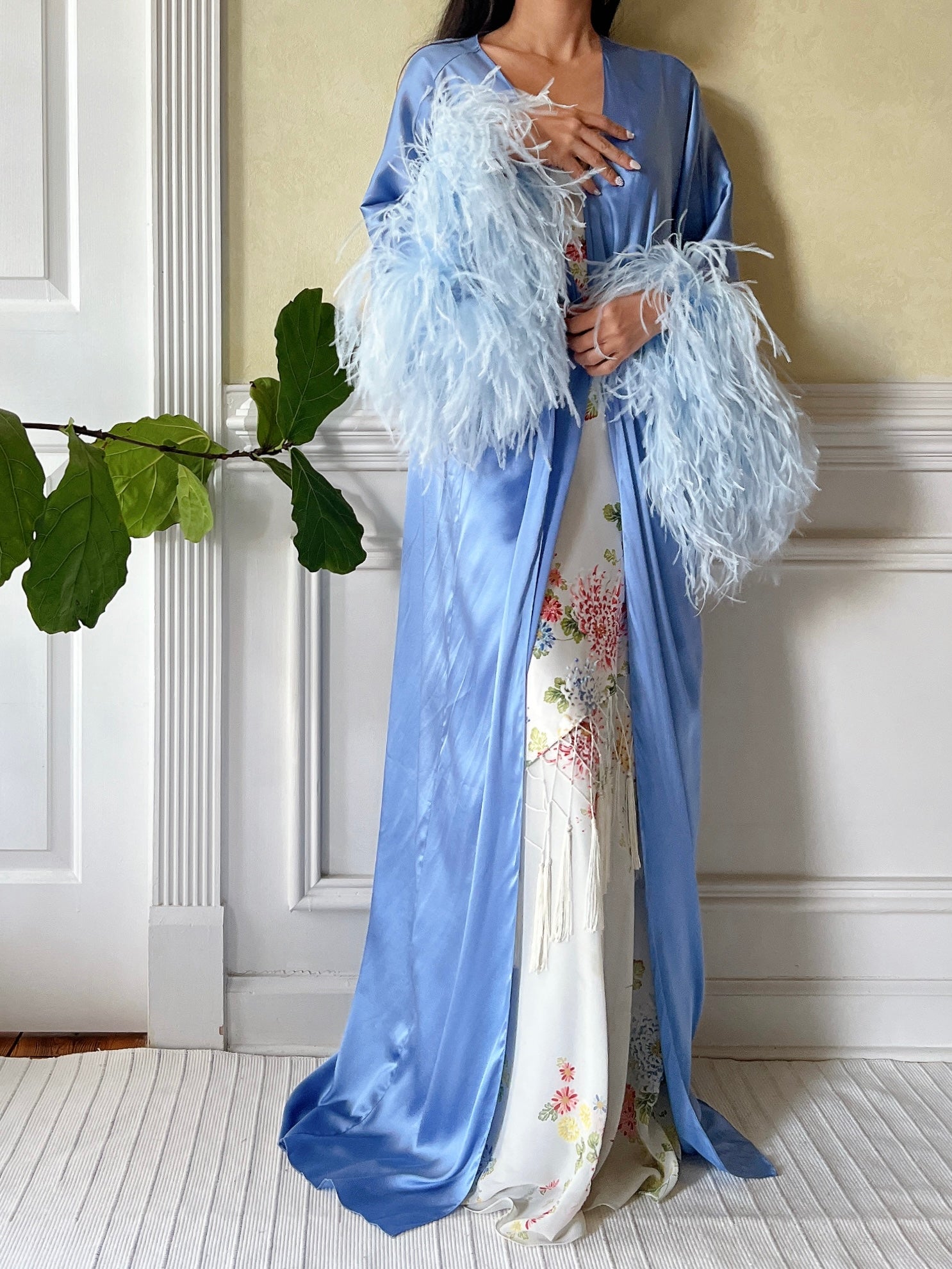 silk dressing gown with feather trim Black Satin Robe Set with Feathers Elegant Luxury Sleepwear XS / Black