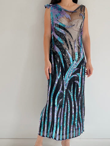 1980s Illusion Abstract Beaded Dress - S/M