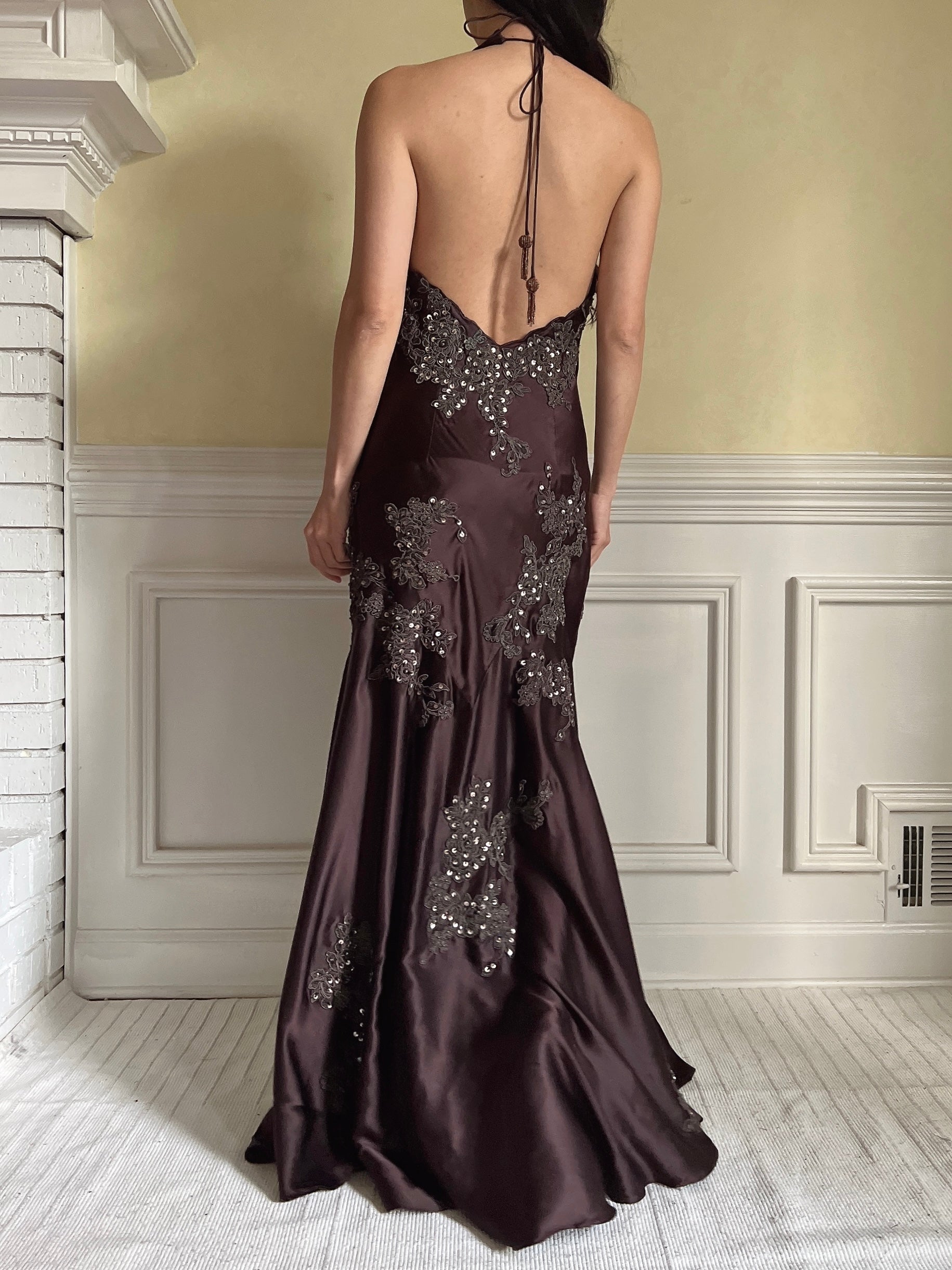 Vintage Chocolate Silk Beaded Dress - XS/S