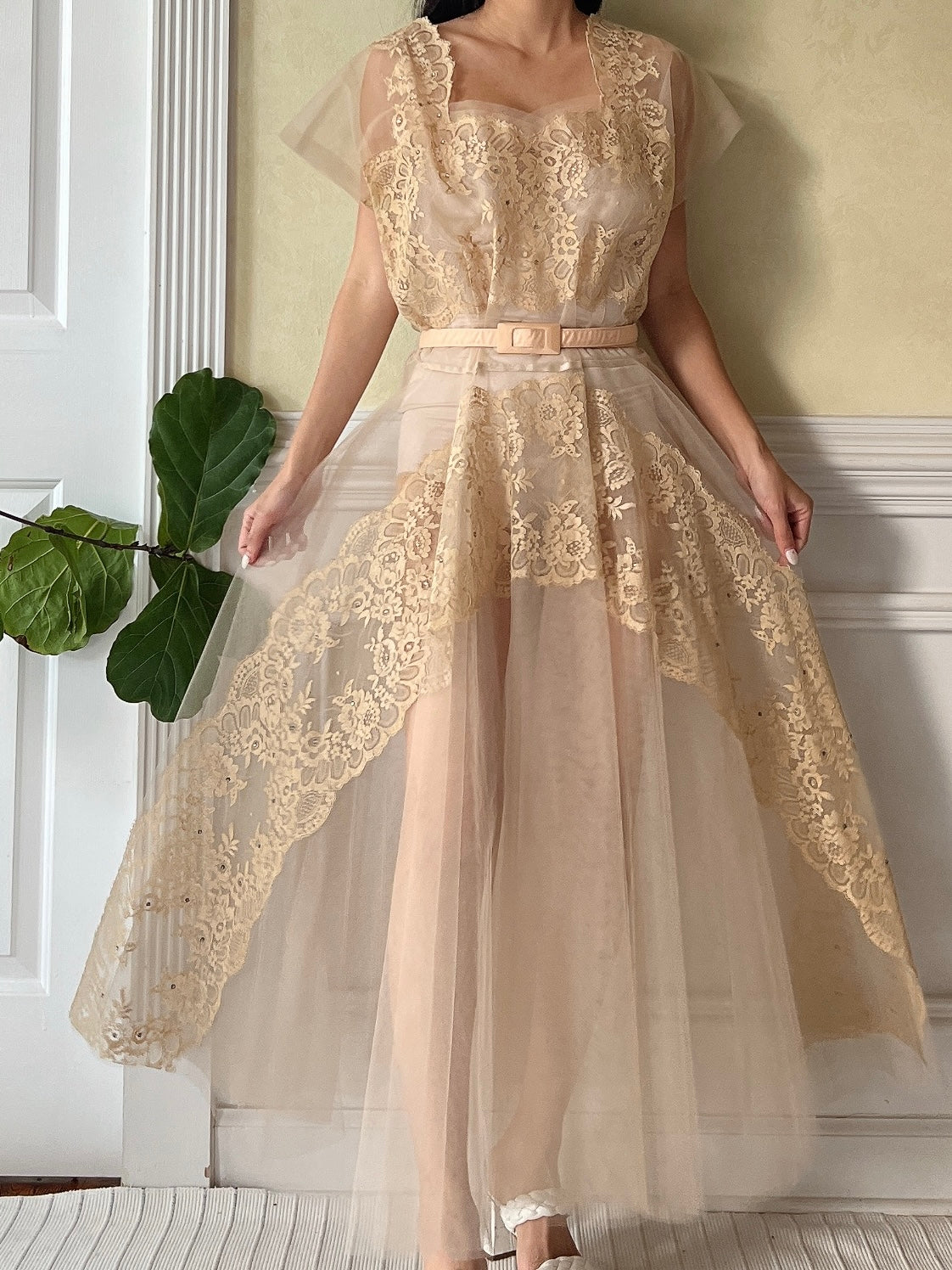 beige sheer dress Nox Anabel A1596 Scoop Sheer Beaded Corset Satin Prom Dress 00 / Gold