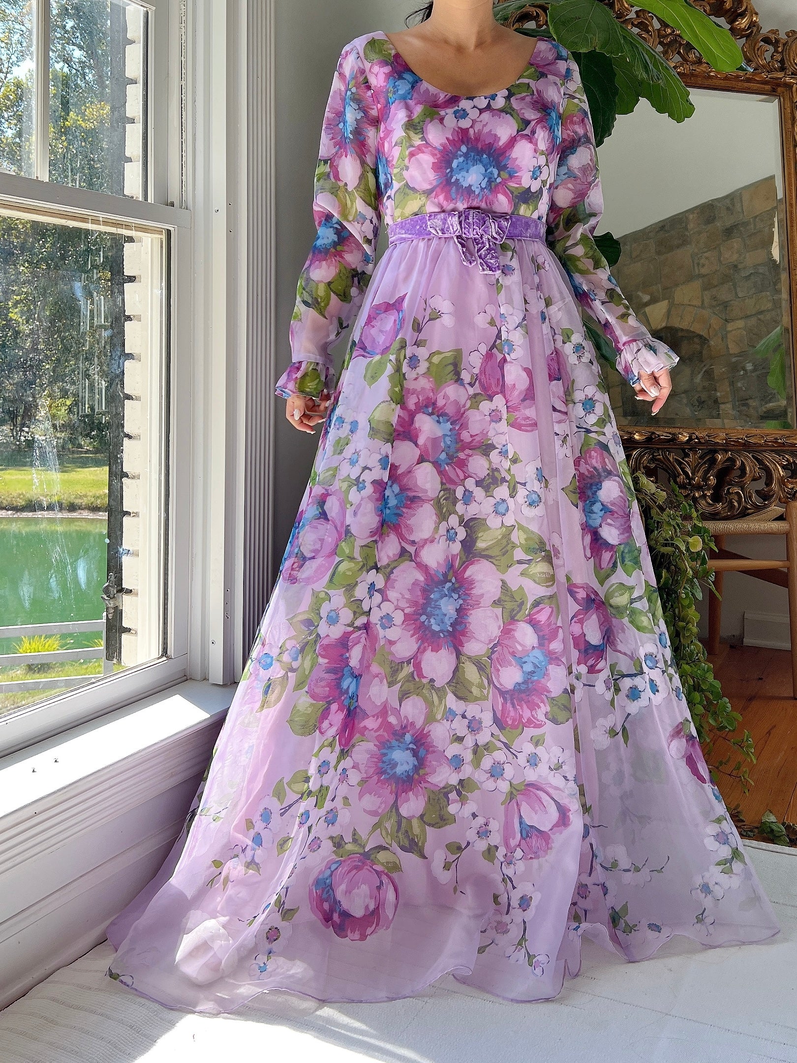 Vintage Nylon Chiffon Floral Dress - S