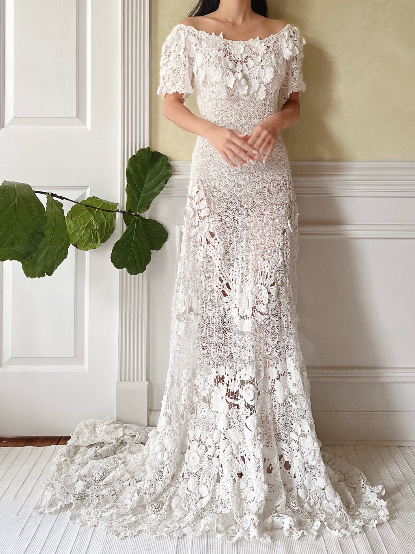 One-of-a-Kind Antique Irish Lace Trained Gown - XS