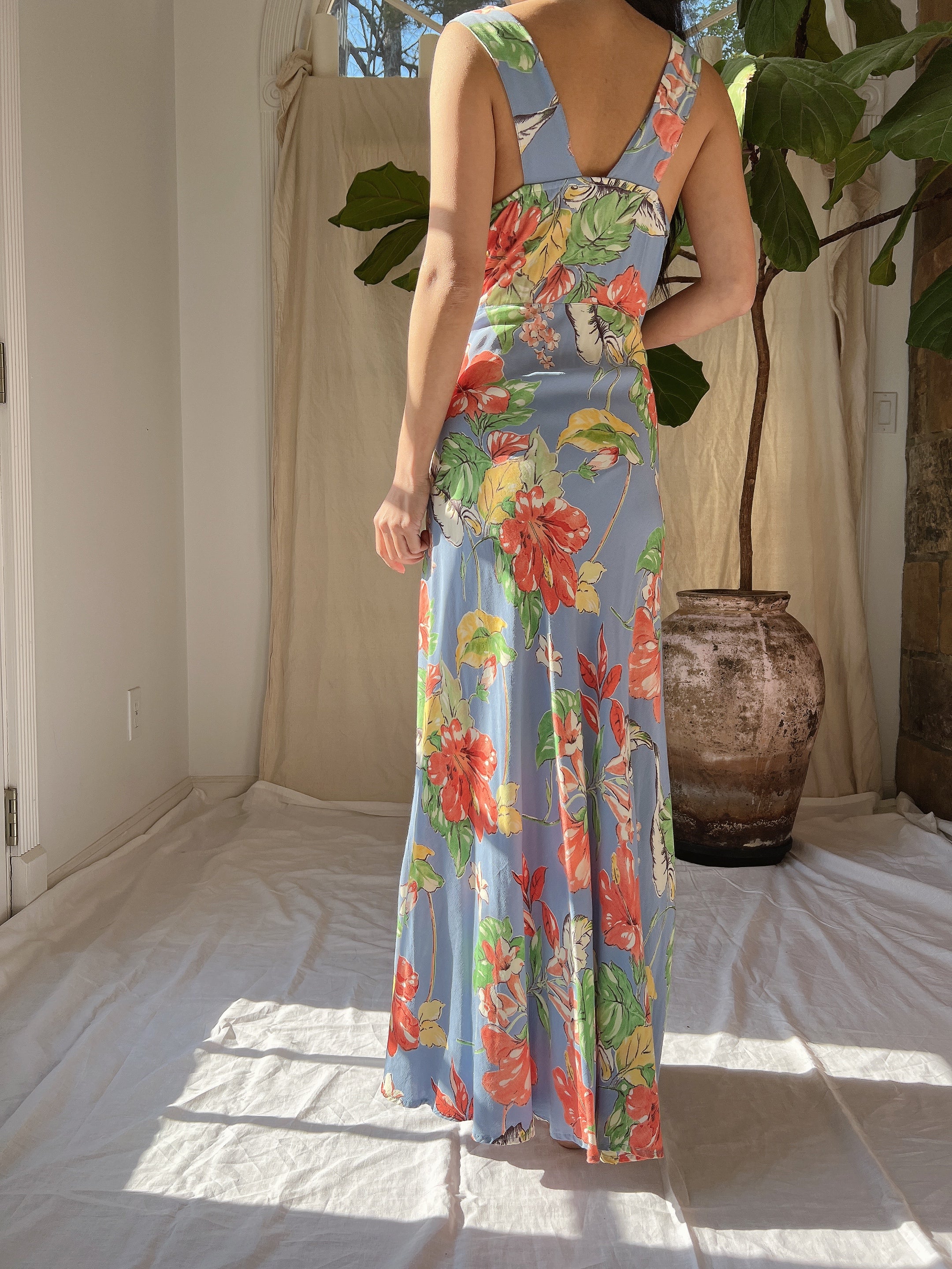 1990s Rayon Floral Dress - M