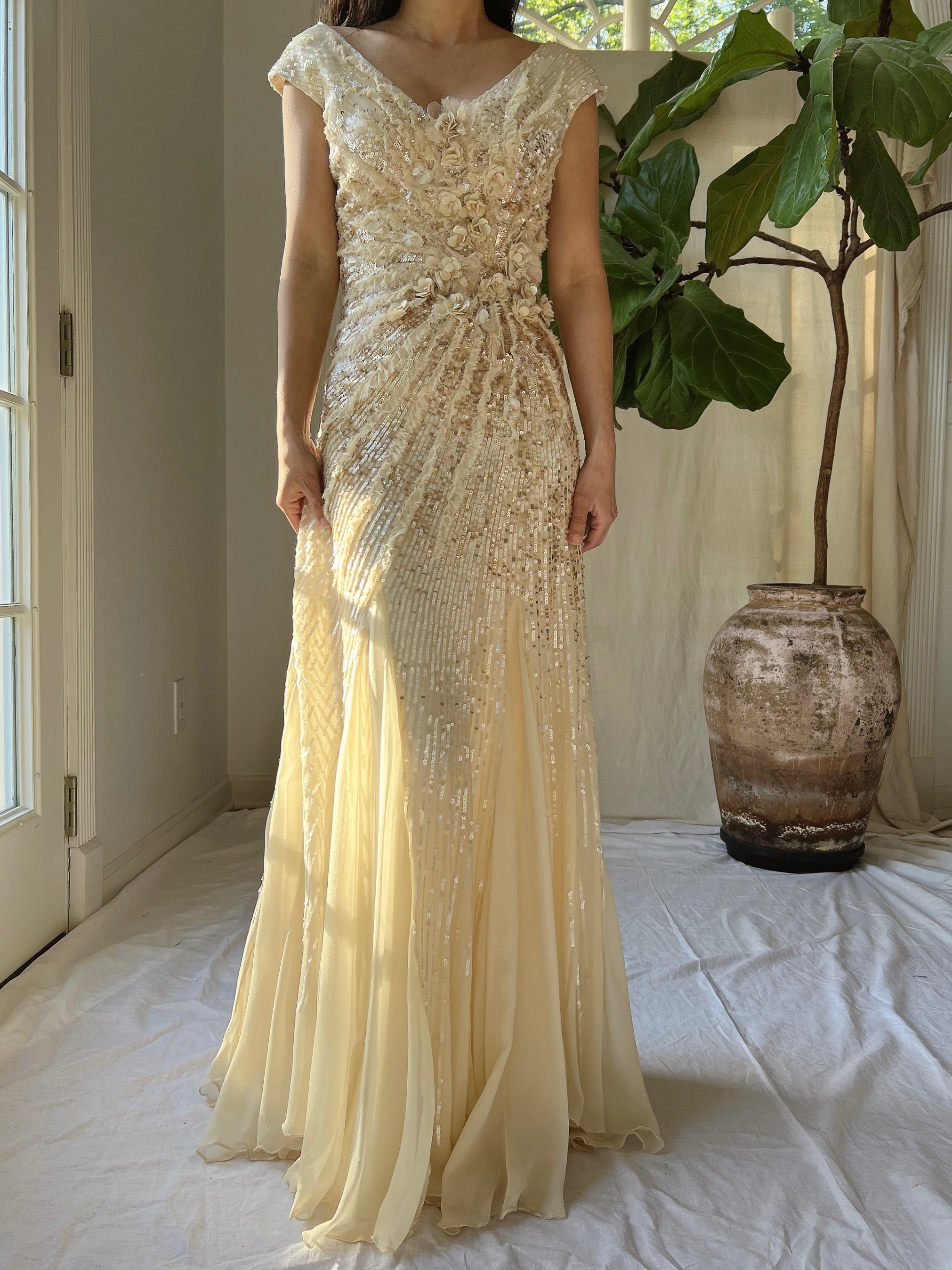 Ivory and Gold Beaded Silk Gown - XS/2