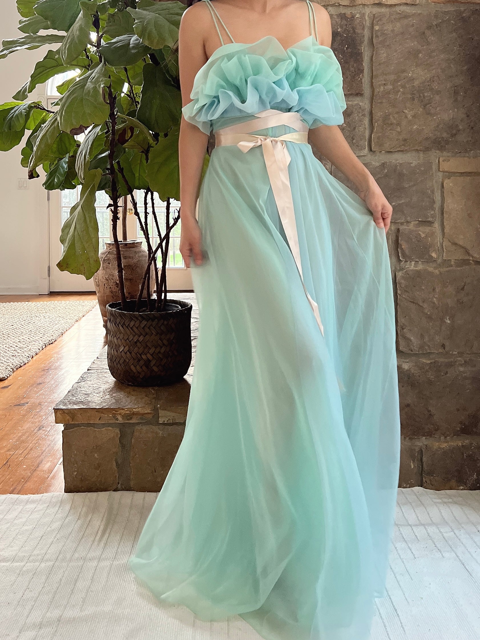 1960s Teal Sheer Tricot Chiffon Tulip Bust Gown - S/M