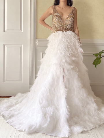 Hand Beaded Feather Gown - S/6