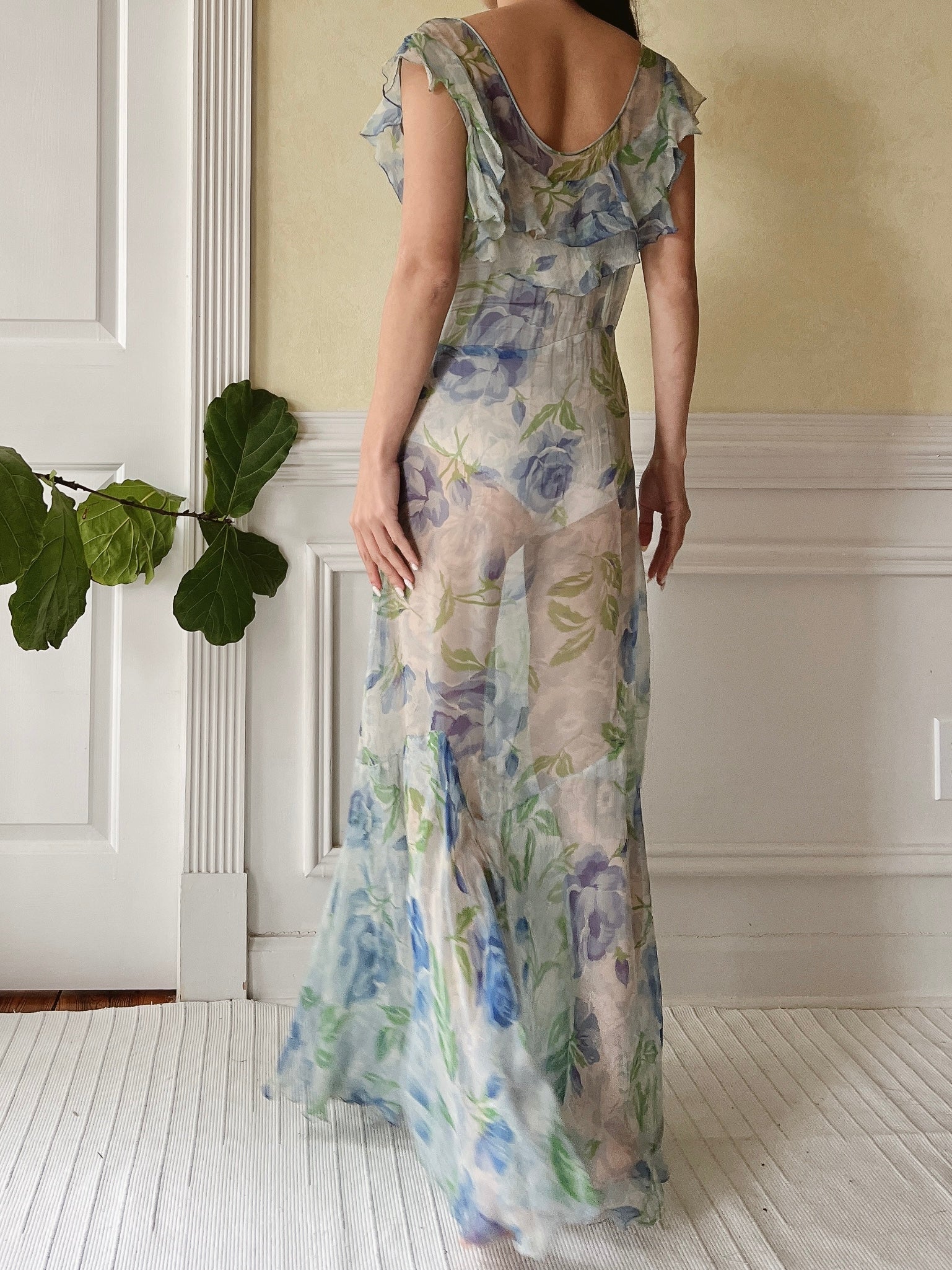 1930s Blue Floral Silk Dress - M