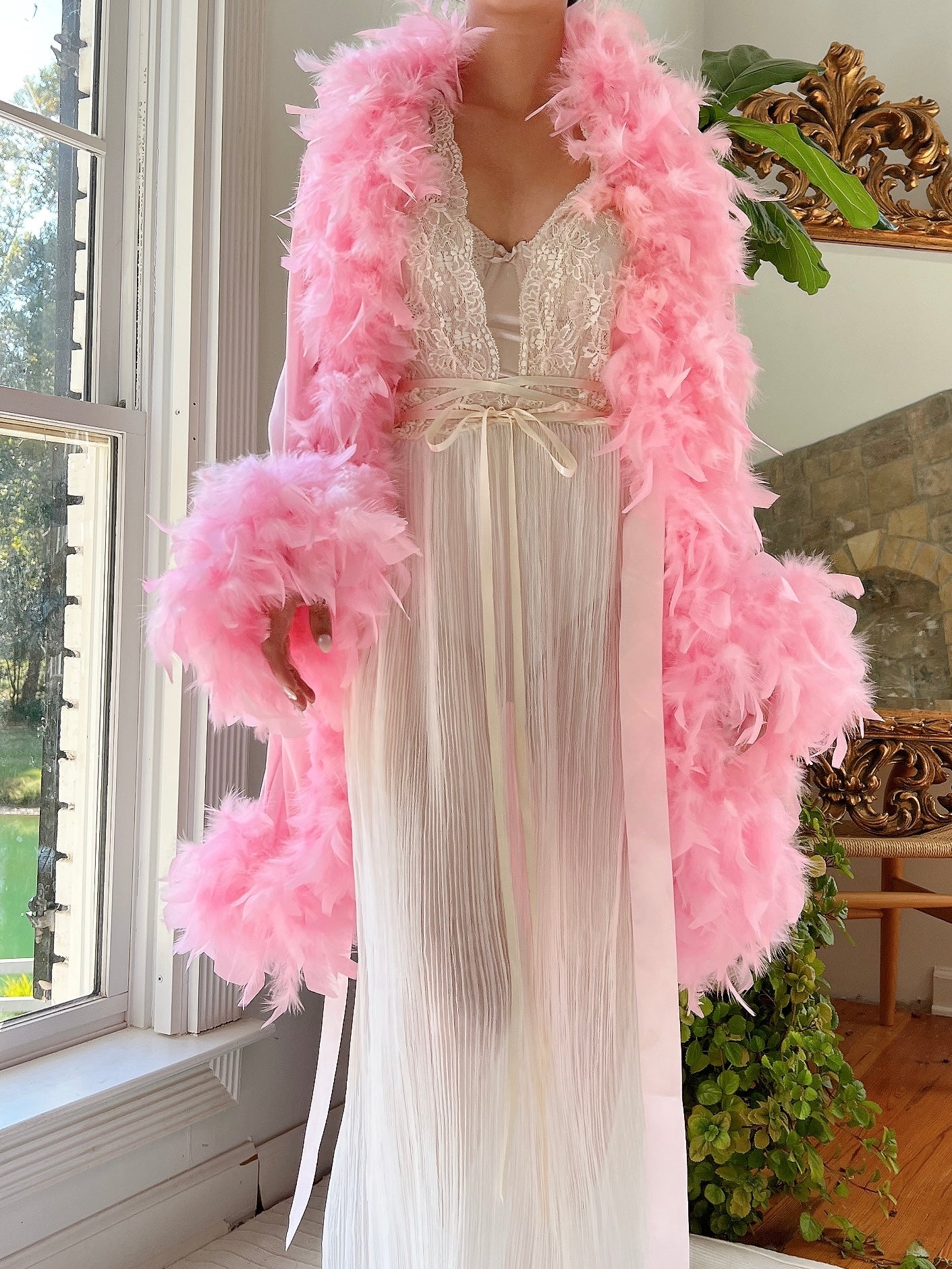 fluffy mesh dressing gown Aellinatey Women's Sheer Mesh Dressing Gown Furry Trim Long Sleeve Kimono Robe Lingerie, Size: Medium, Black