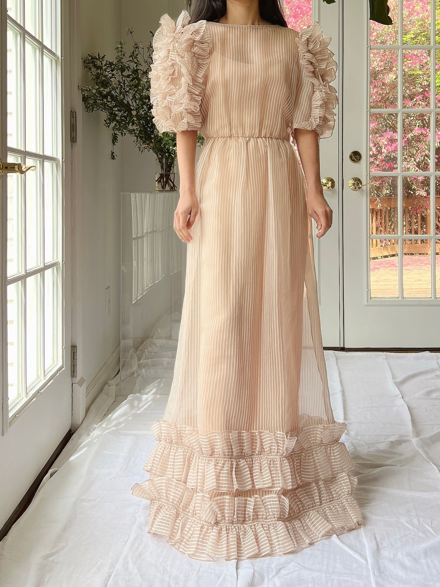 nude organza dress Short Sleeves Beading Nude Organza Engagement Dress