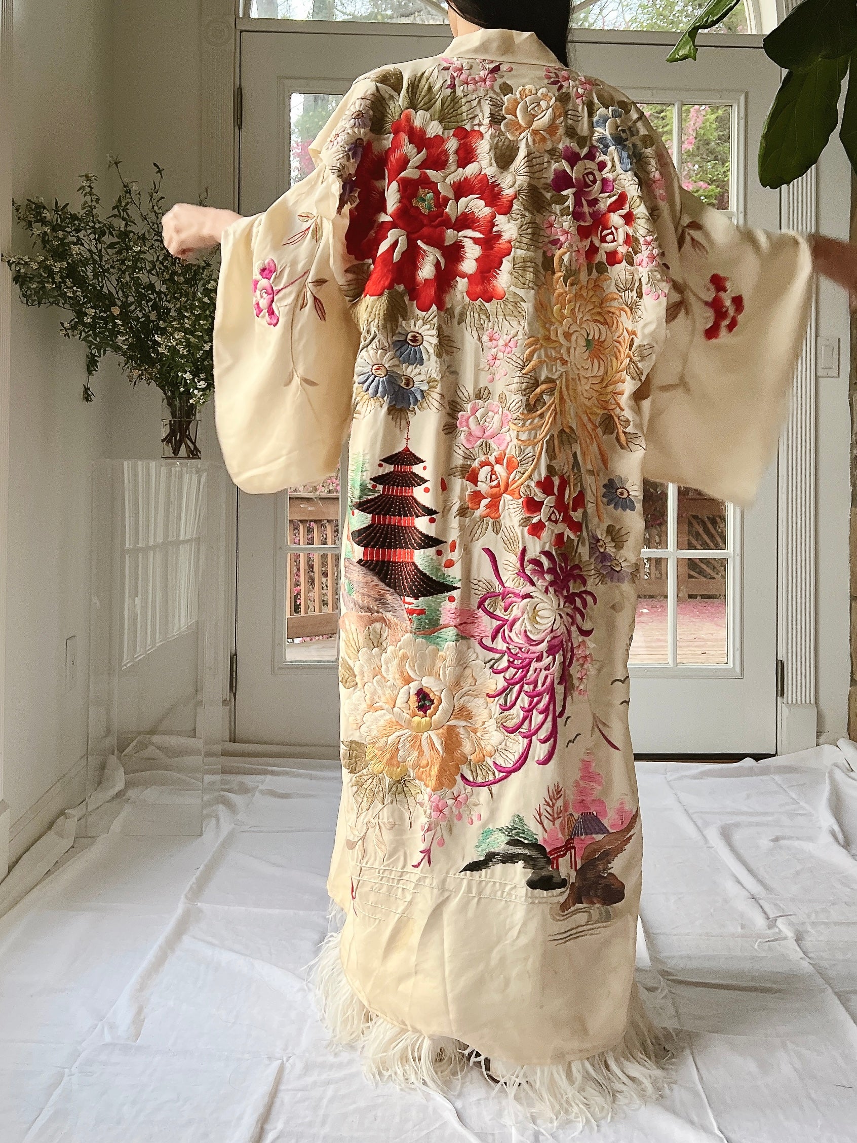 RARE Antique Couched Silk Floral Embroidered Kimono - OSFM