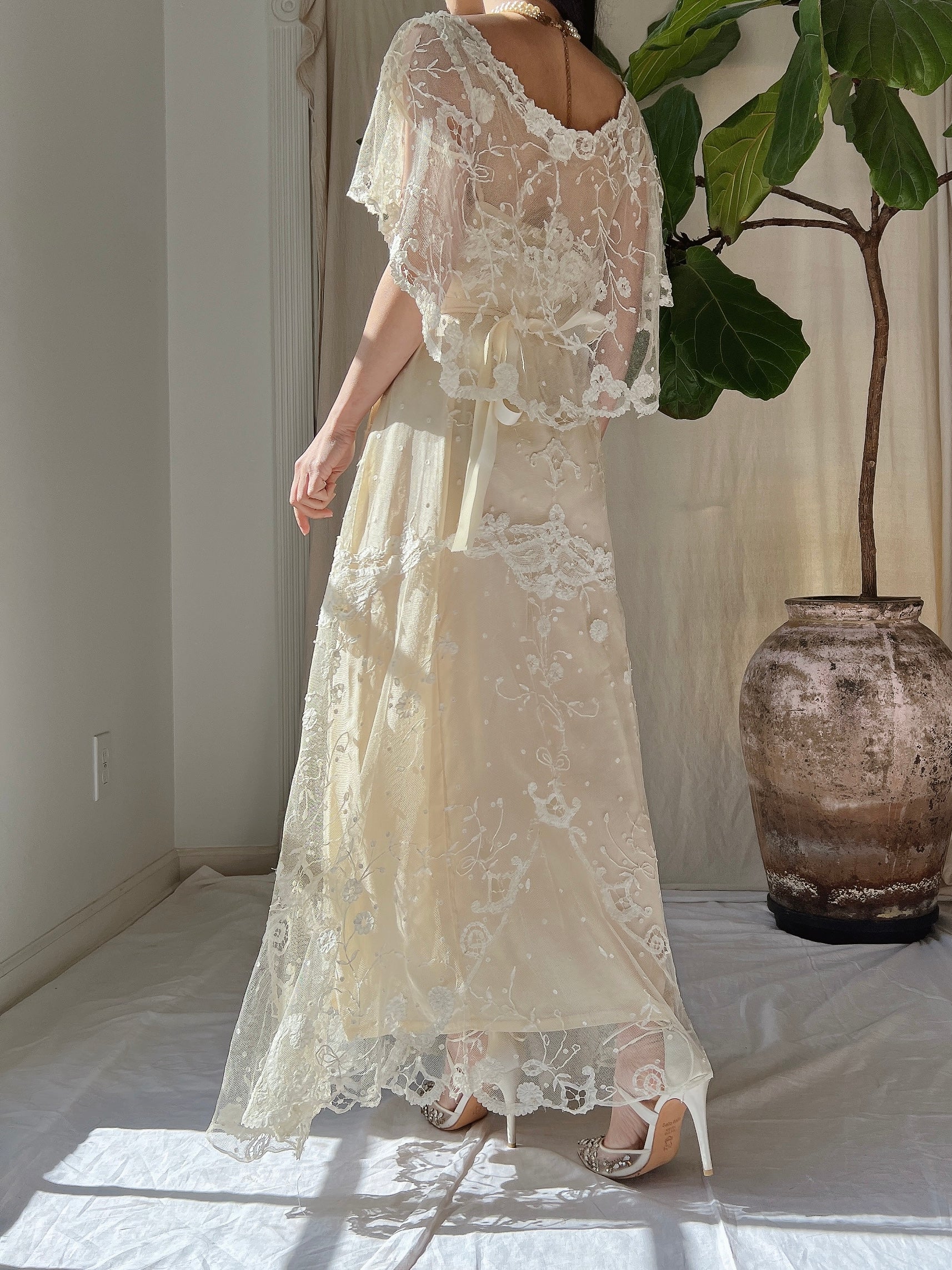 Antique Duchesse Lace Gown with Silk Slip - S