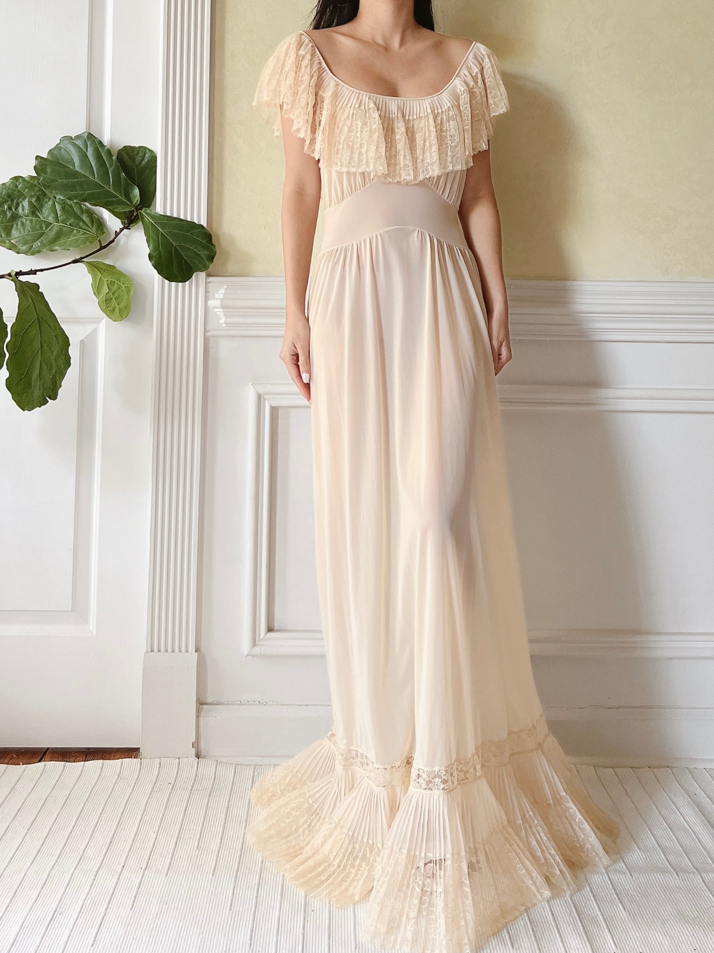 chiffon dress definition Lace-Bodice Long Chiffon Illusion-Neck Prom Dress Champagne / XSmall