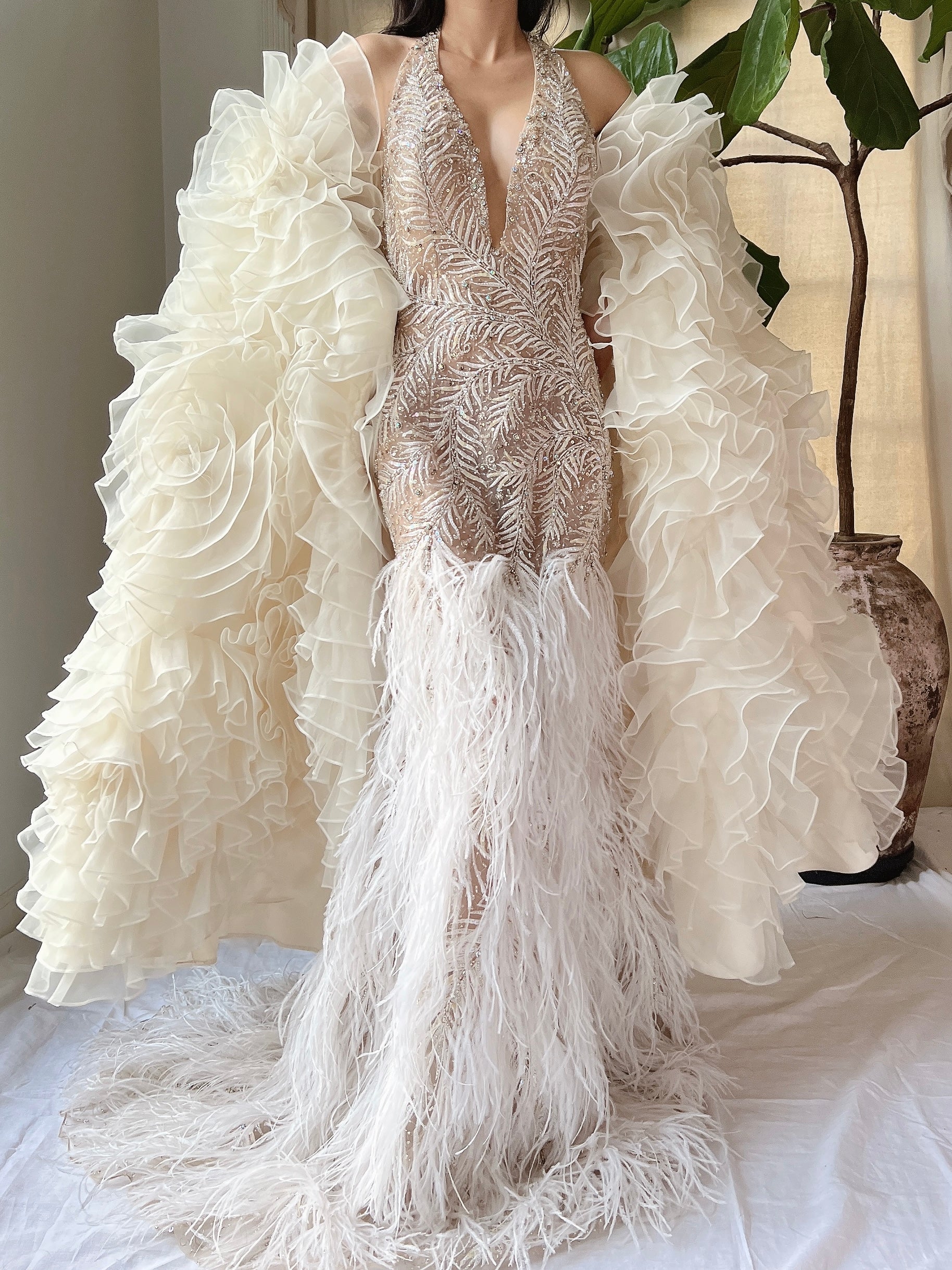 Vintage Hand Beaded Organza and Feather Gown - S/M
