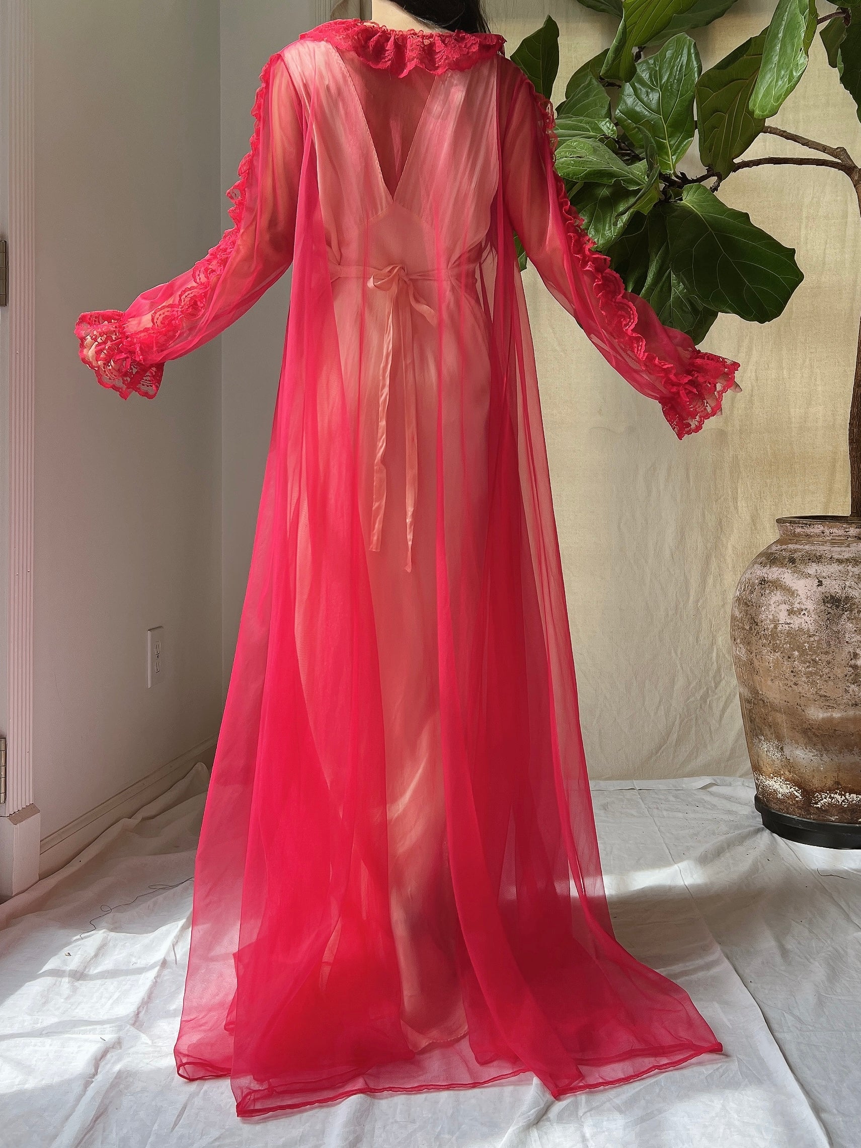 Vintage Red Nylon Dressing Gown - OSFM