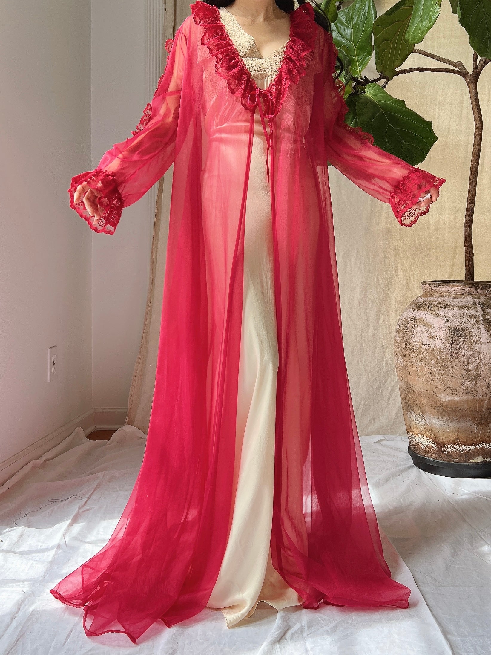 Vintage Red Nylon Dressing Gown - OSFM