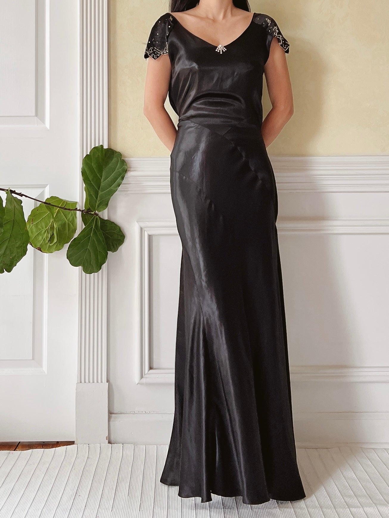 1930s Black Satin Dress - XS