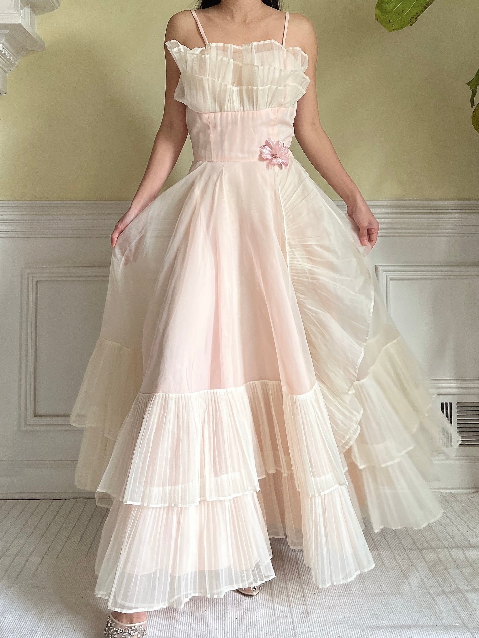 1950s Net Chiffon Ruffle Dress - XS/S