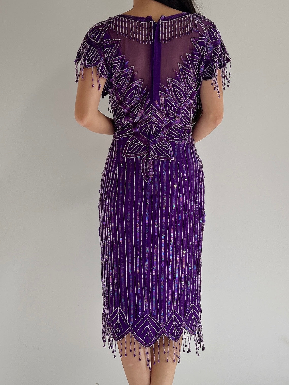 1980s Purple Silk Beaded Fringe Dress - S/M