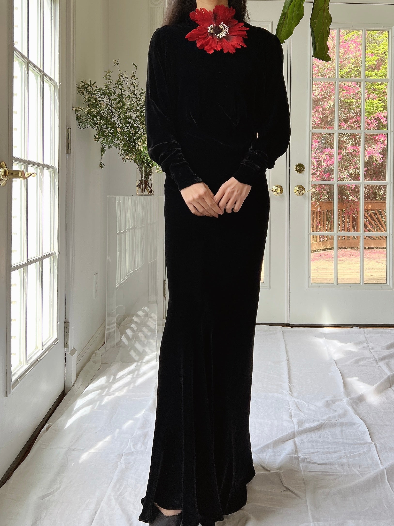 1930s Silk Velvet Dolman Sleeve Gown - XS/S