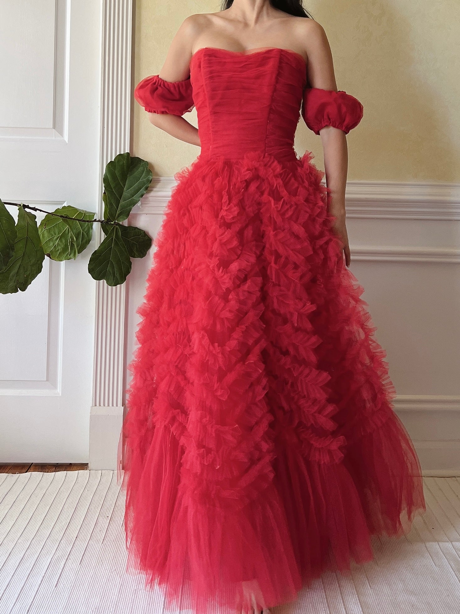 1950s Red Rulle Tulle Dress - S