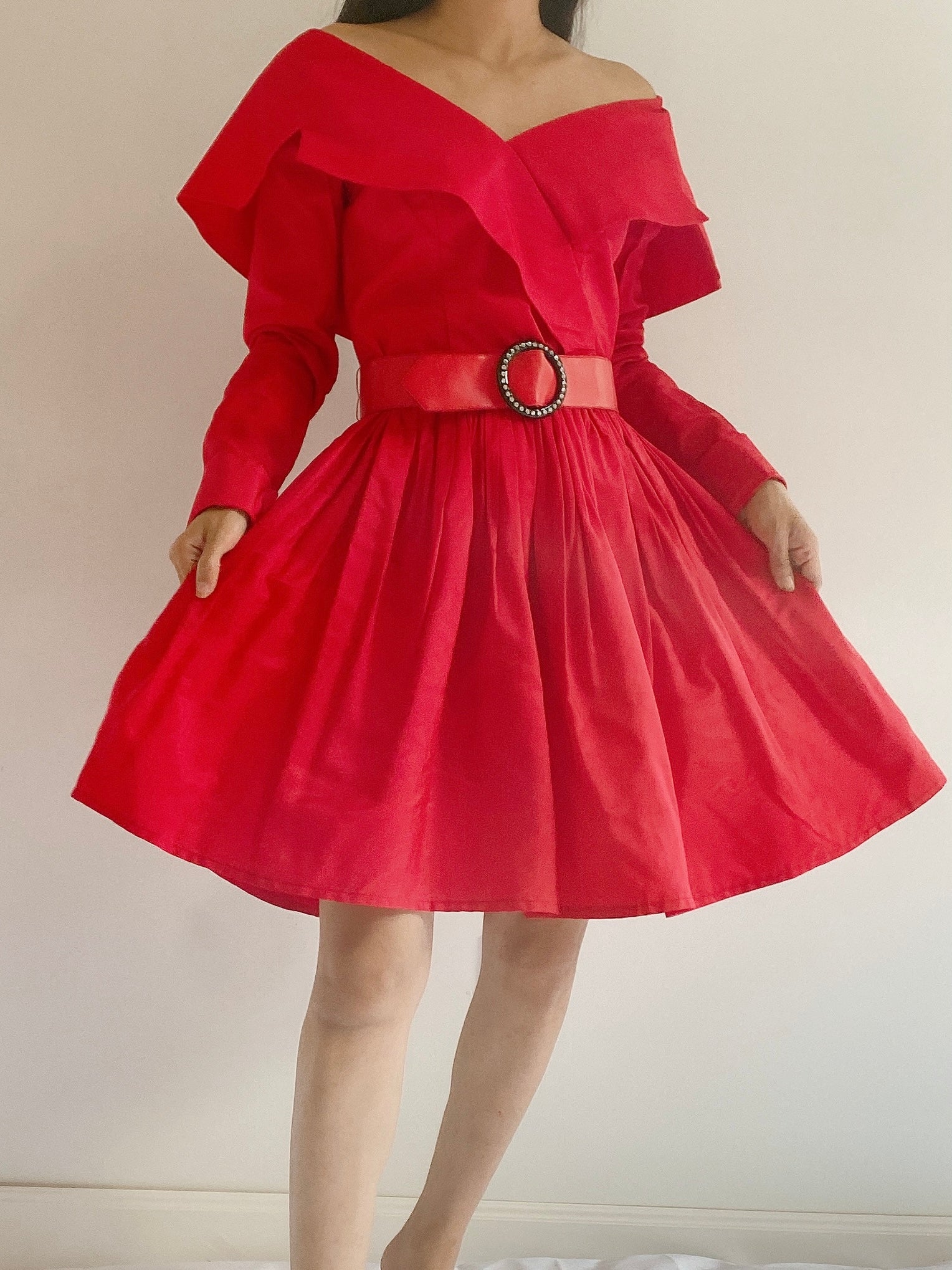 Vintage Taffeta Wide Shoulder Dress - S