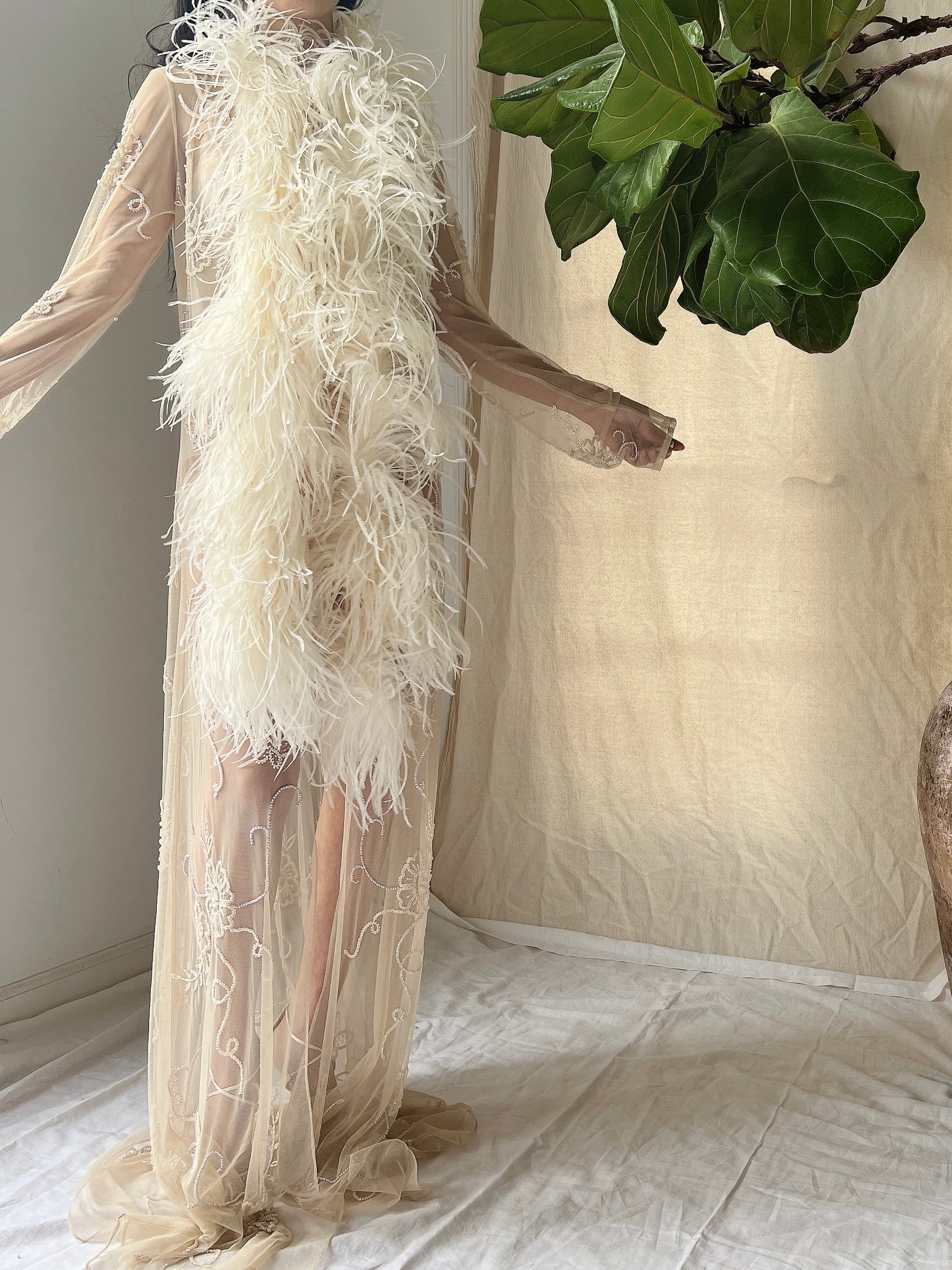 Vintage Sheer Nude Feather Robe - S/M
