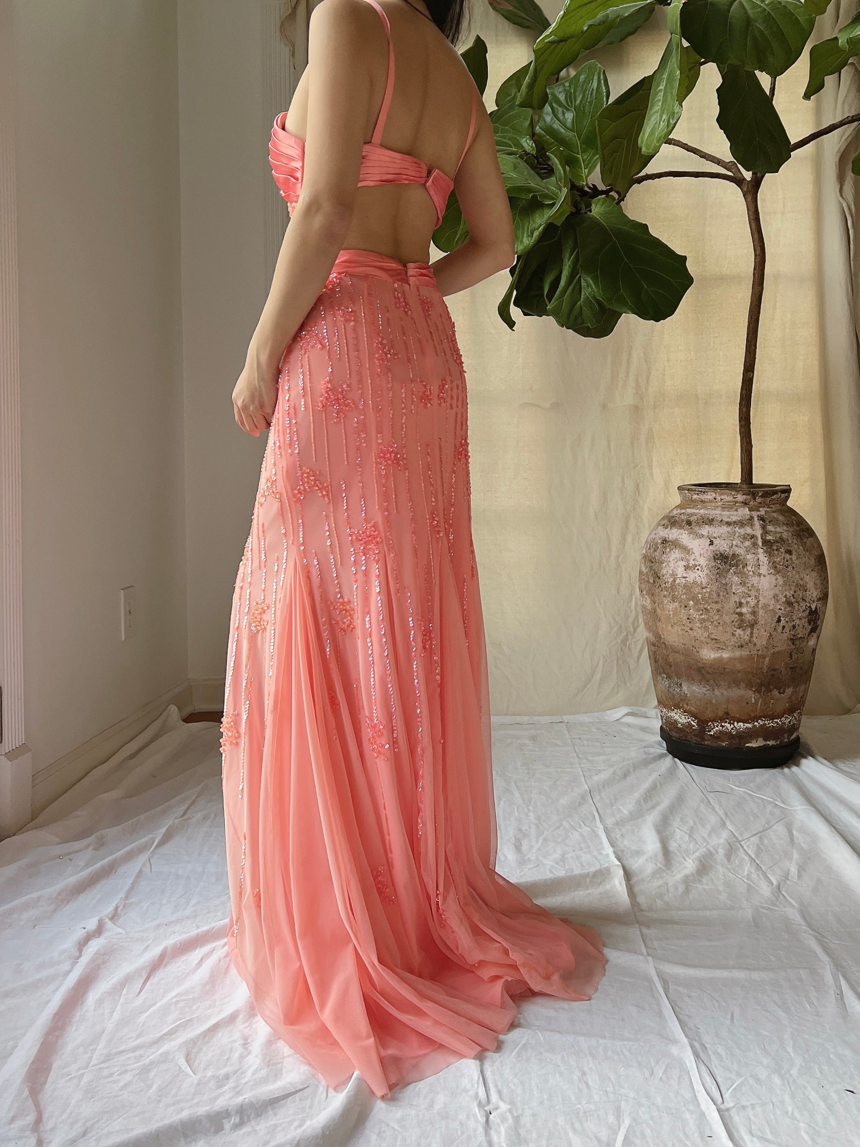 Vintage Sherbet Tulle Beaded Gown - M