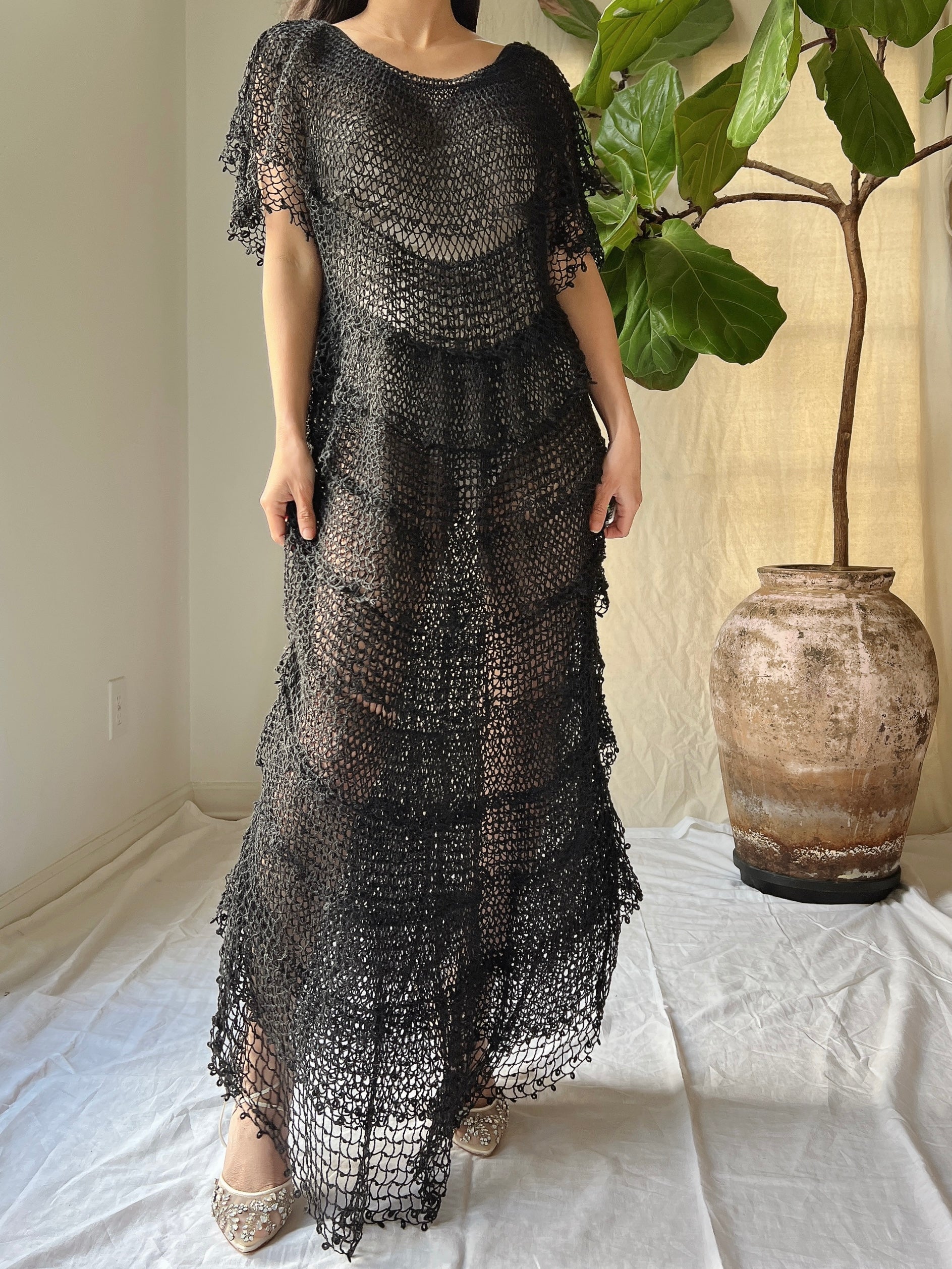 1970s crochet dress Happy Halter Mini Dress ~ 70S Multi Crochet Show Me Your Mumu