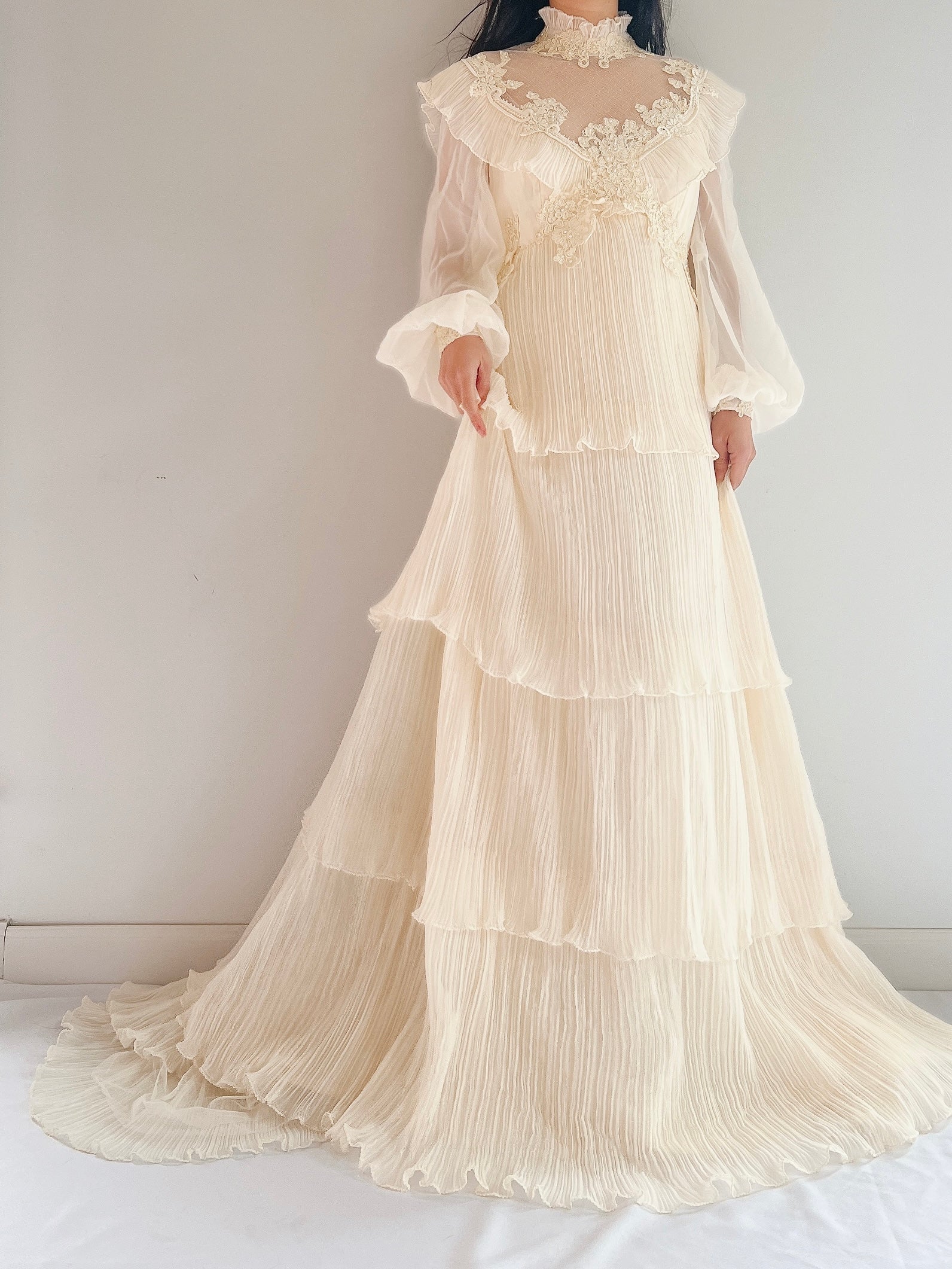 Vintage Pleated Chiffon Gown - M