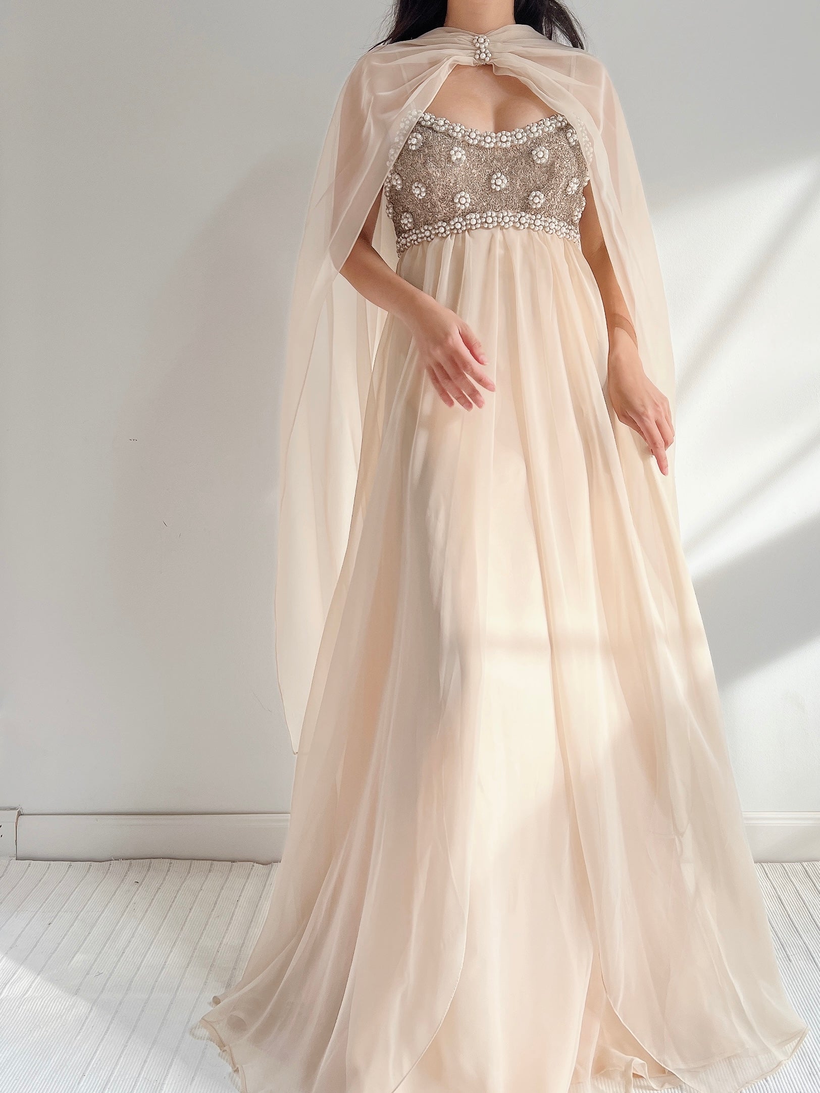 1960s Empire Chiffon Beaded Gown - XS | G O S S A M E R 1960s Empire Chiffon Beaded Gown - XS | G O S S A M E R